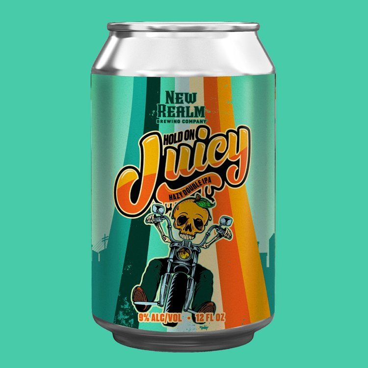 New Realm Brewing Company beer can labeled "Hold On Juicy Hazy Double IPA" with 9% alcohol content, featuring a skull with handlebars.