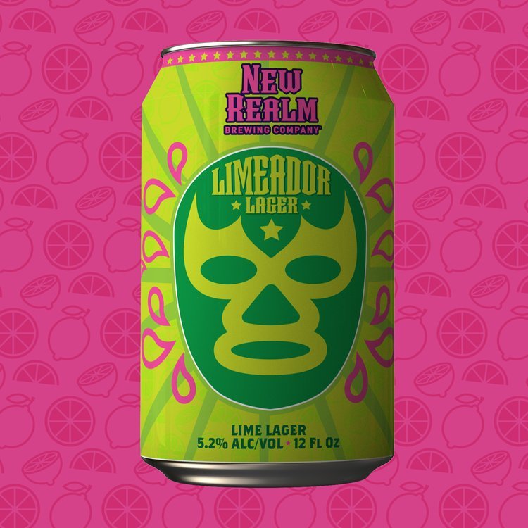 A can of New Realm Brewing Company Limeador Lager with a lime-themed luchador mask graphic on a vibrant background.