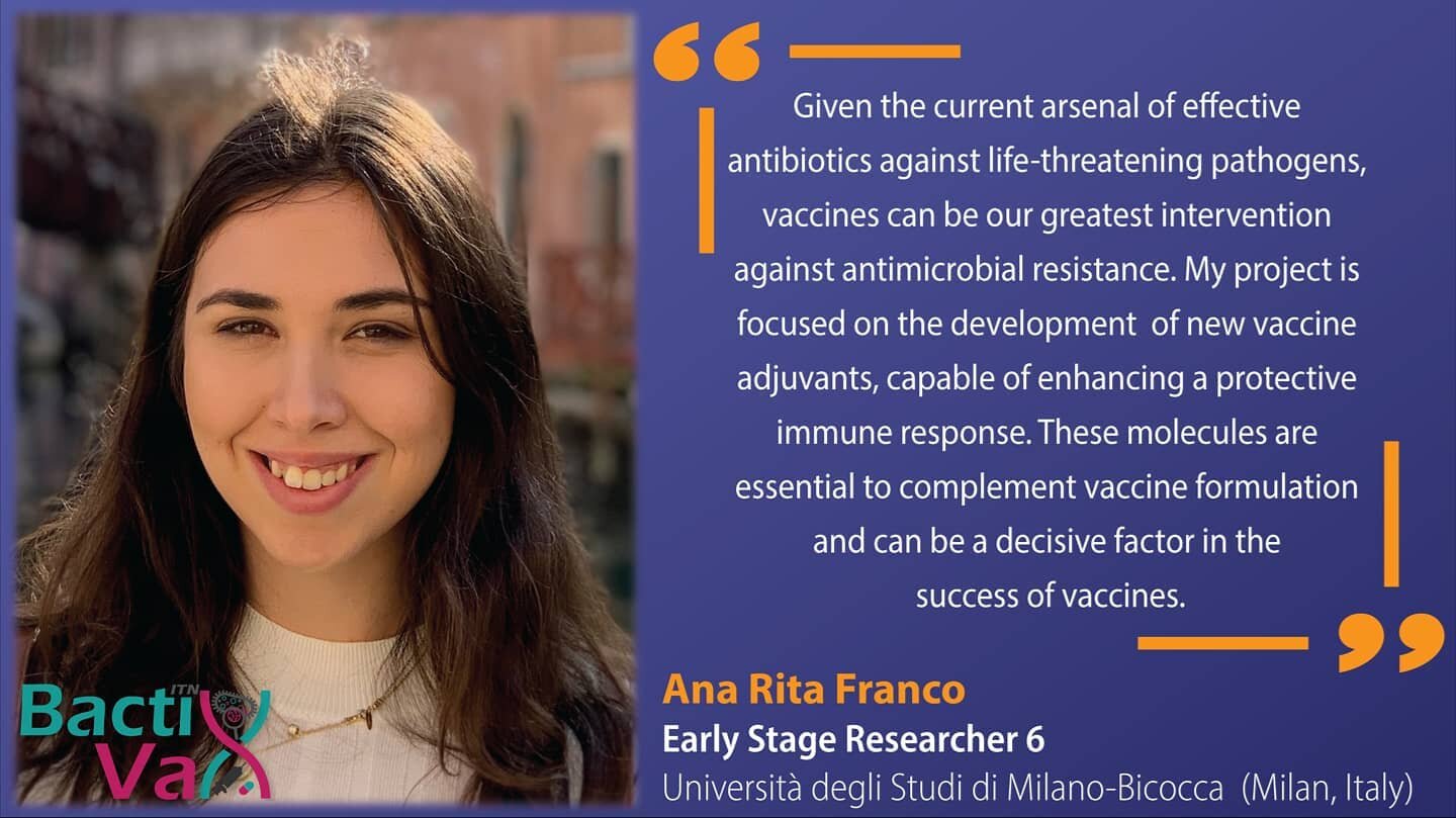 We'd like to welcome Ana Rita, the newest addition to the #BactiVax team, who comes from Portugal 🇵🇹 and will be hosted at @unimib in Milan, Italy. 
👩&zwj;🔬🧪 Her research project focuses on the development of new vaccine adjuvants, using a medic