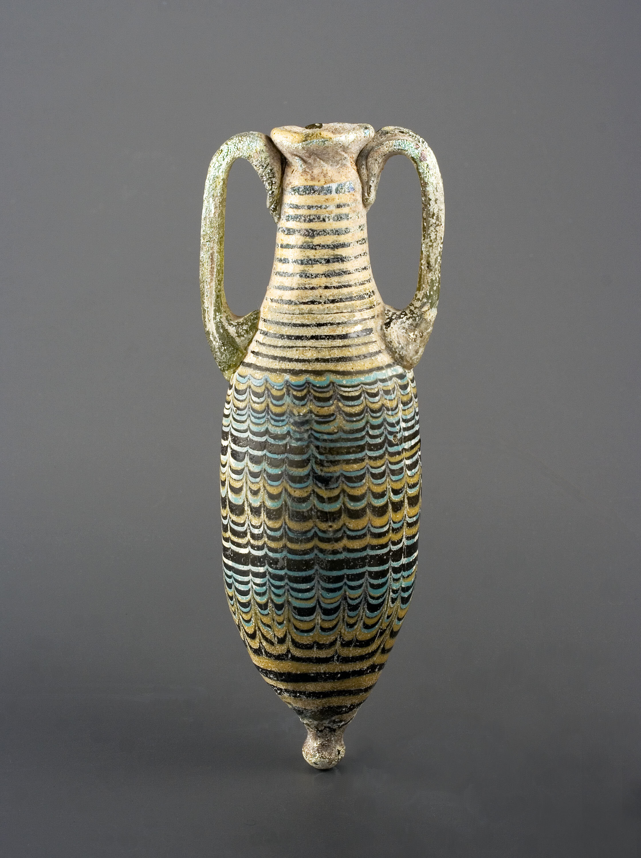 Ancient Hellenistic Greek Yellow And White Core-Formed Glass Amphoriskos