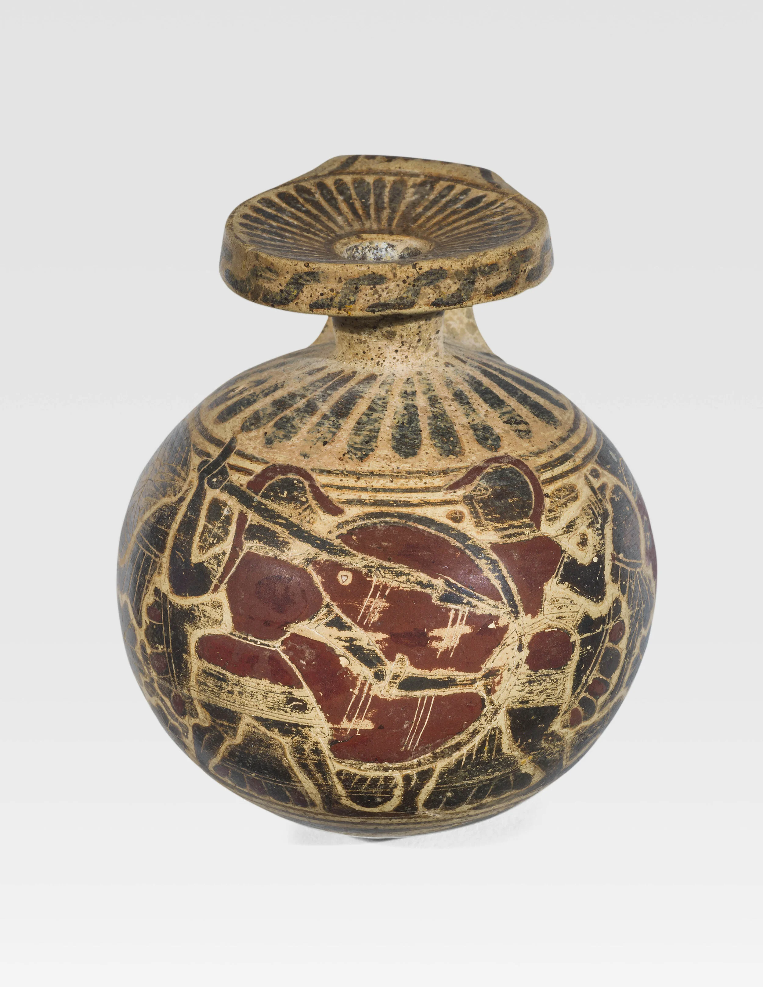 Ancient Corinthian Terracotta Aryballos with Warriors in combat