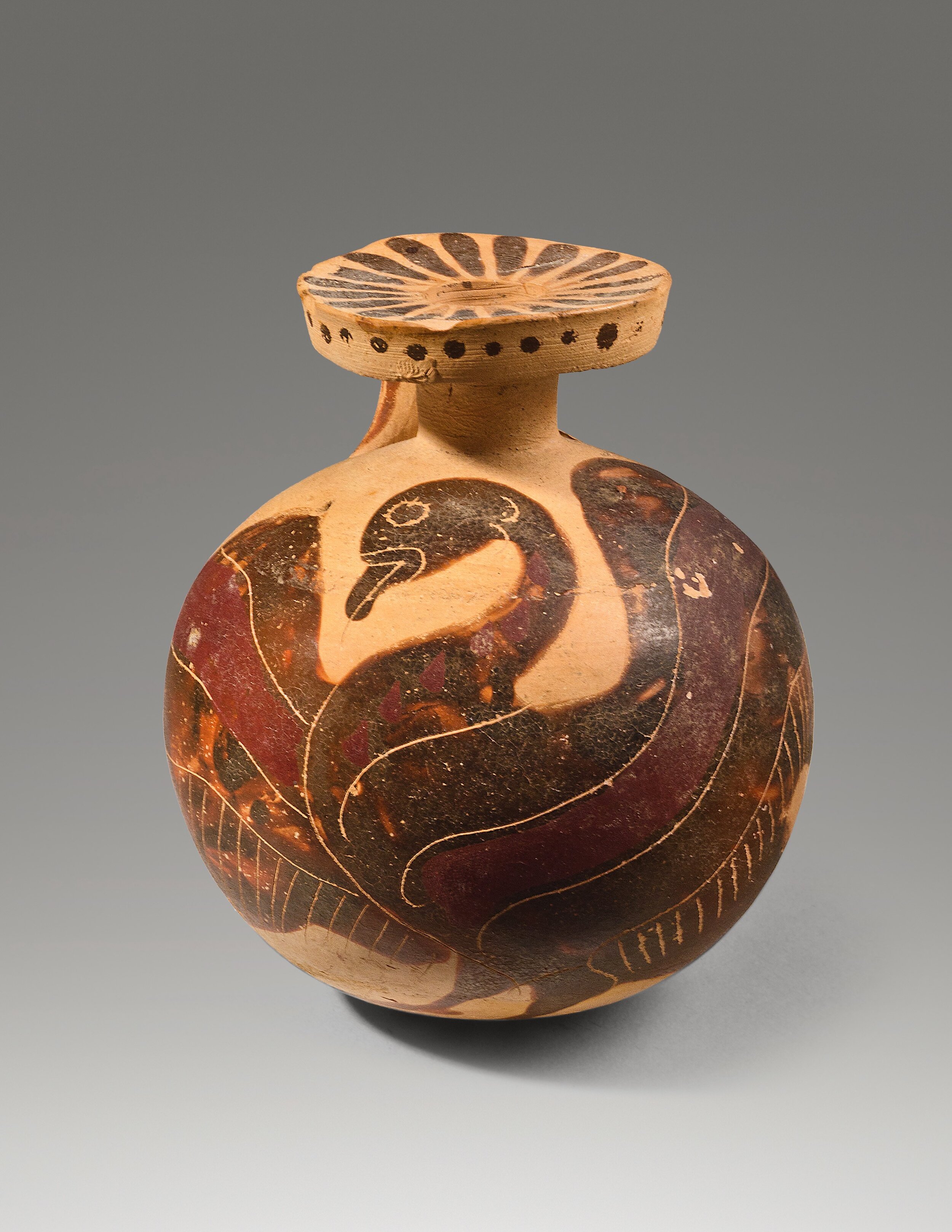 Ancient Corinthian Black-Figure Aryballos with a Bird