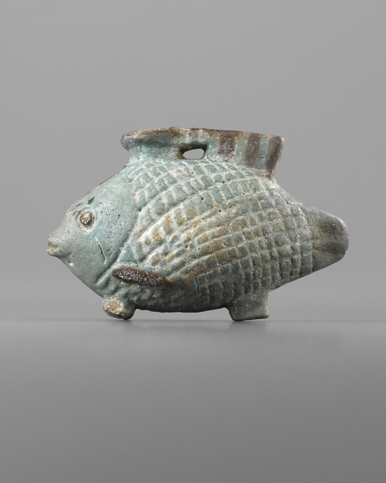 Ancient Greek Faience Aryballos in the Shape of a Fish (Tilapia Nilotica)