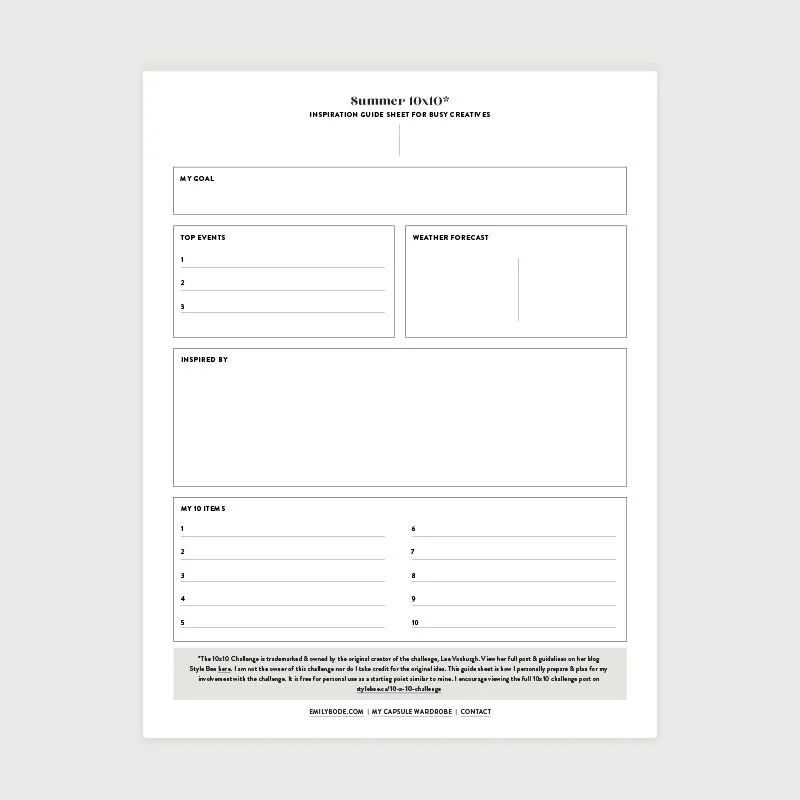 Free inspiration guide sheet for 10x10 challenge | Emily Bode blog