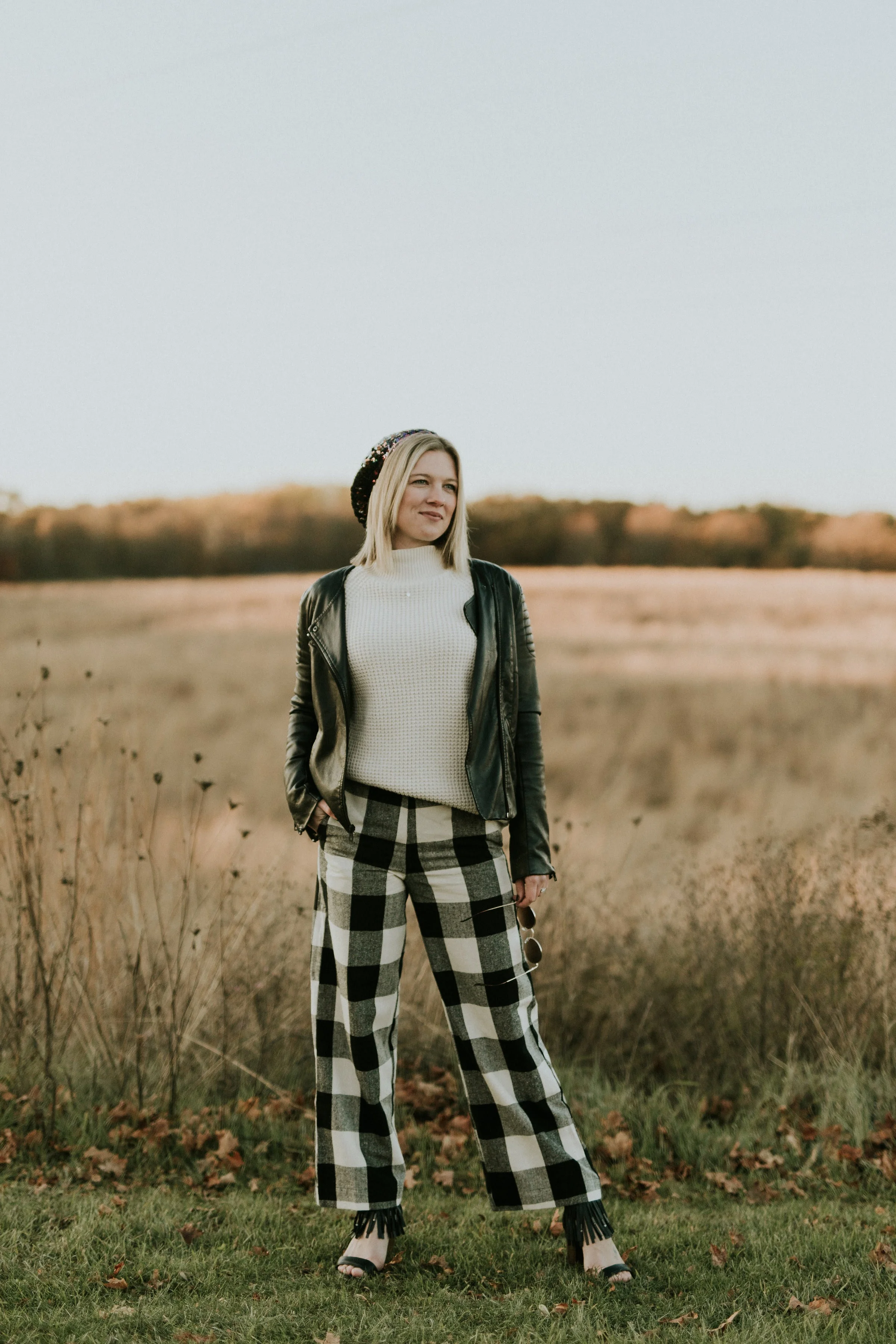 Joon+Co Style: Buffalo check pants and moon-inspired necklace | Winter Capsule Wardrobe | Brave Girl blog