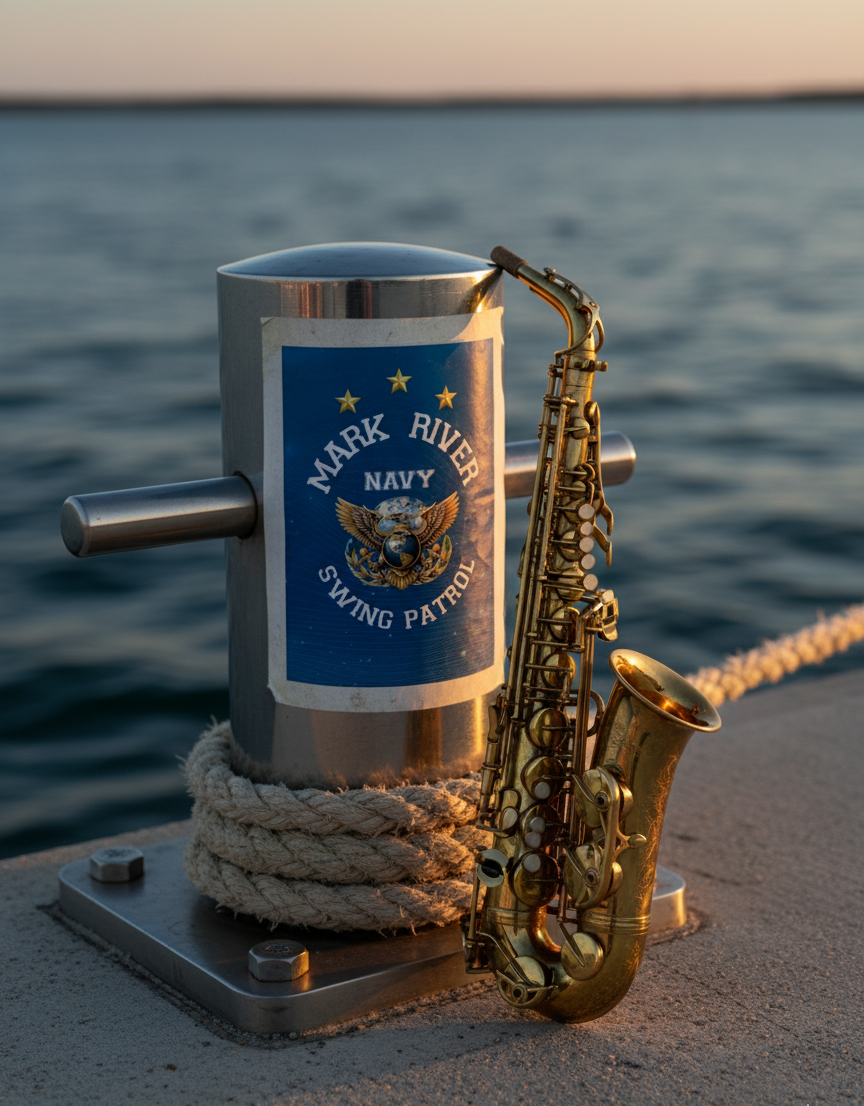 Een navigatiestof met een badge van de Marine in de Blue Ridge-vaart en een saxofonist op een boot, met de zee op de achtergrond bij zonsondergang.