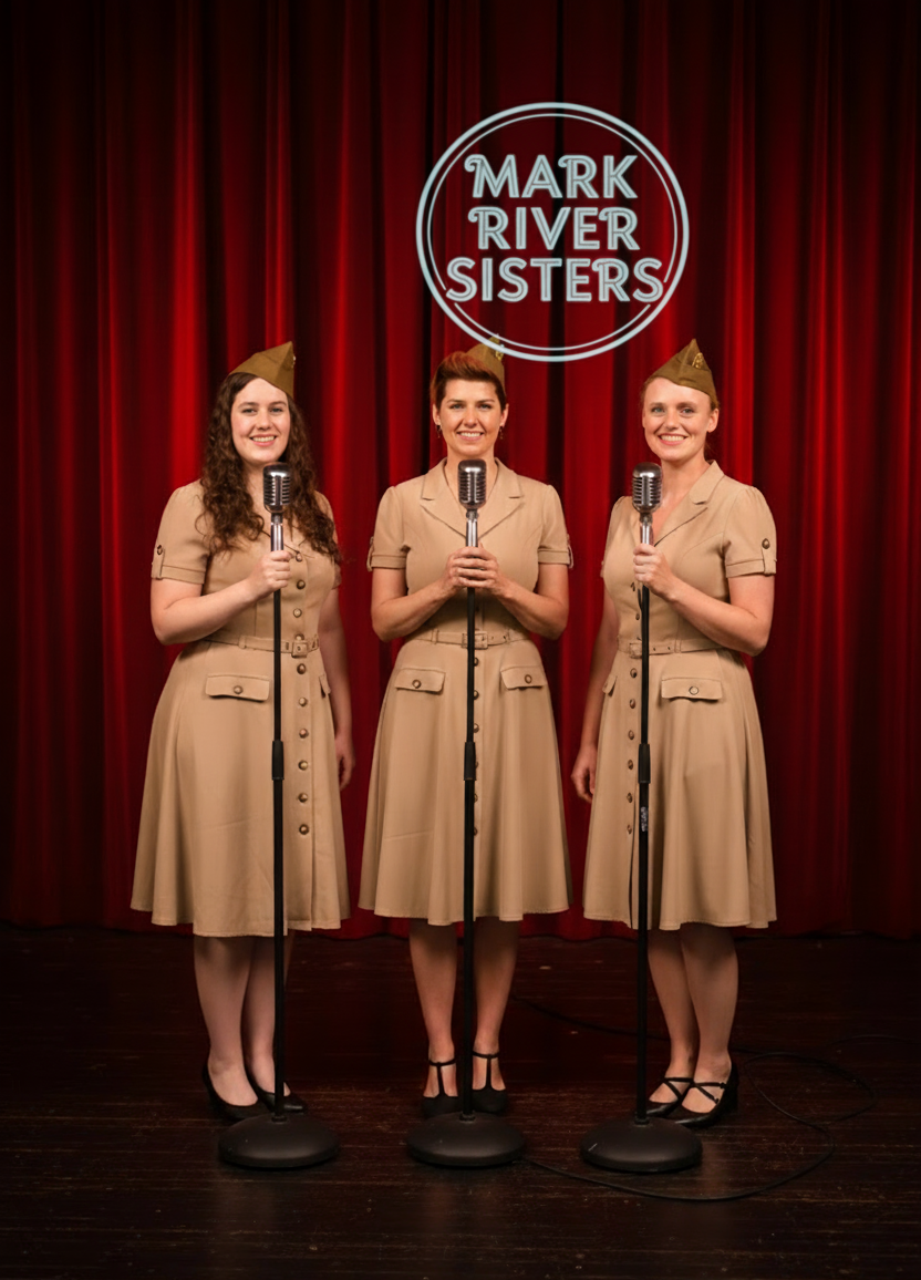 Drie vrouwen in vintage militaire uniformen staan op een podium met rode gordijnen, elk met een microfoon, onder een bord dat zegt "Mark River Sisters".