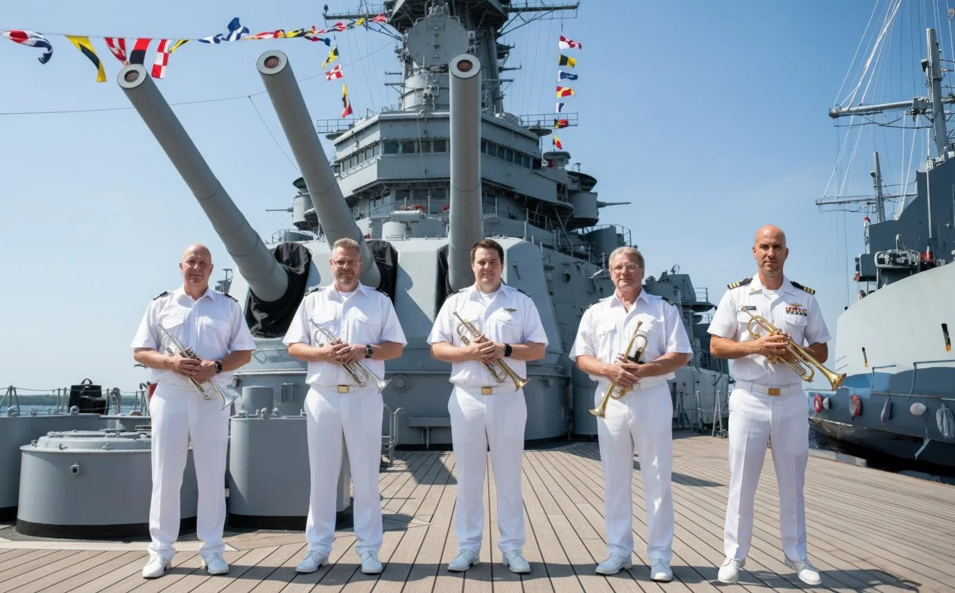 Vijf marine musici in witte uniformen met trompetten staan op het dek van een oorlogsschip met grote kanonnen, vlaggen en andere schepen op de achtergrond.