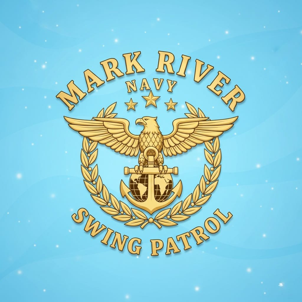Embleem met een adelaar, wereldbol, anker en laurierblaadjes met de tekst 'Mark River Navy Swing Patrol' op een blauwe achtergrond met witte sterren.