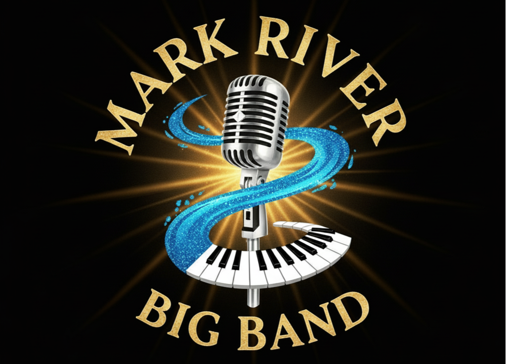 Logo met microfoon, een stuwende blauwe stroom en een muzieksleutel, met de tekst 'Mark Riever Big Band'