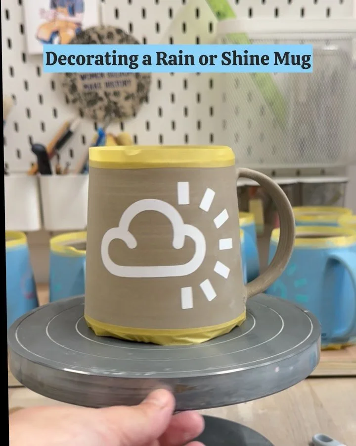 Working on a fresh batch of the bestselling &lsquo;Rain or Shine&rsquo; handmade mugs 🌤️ They are thrown on the potters wheel, then trimmed and have the handle attached. Whilst still leatherhard (damp clay), I decorate them with classic weather icon