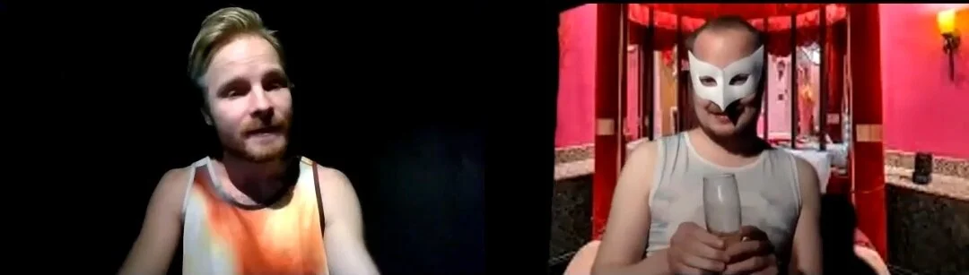 Scene of From Morning to Midnight performed through Zoom by Karri Karjalainen and Atte Hänninen.