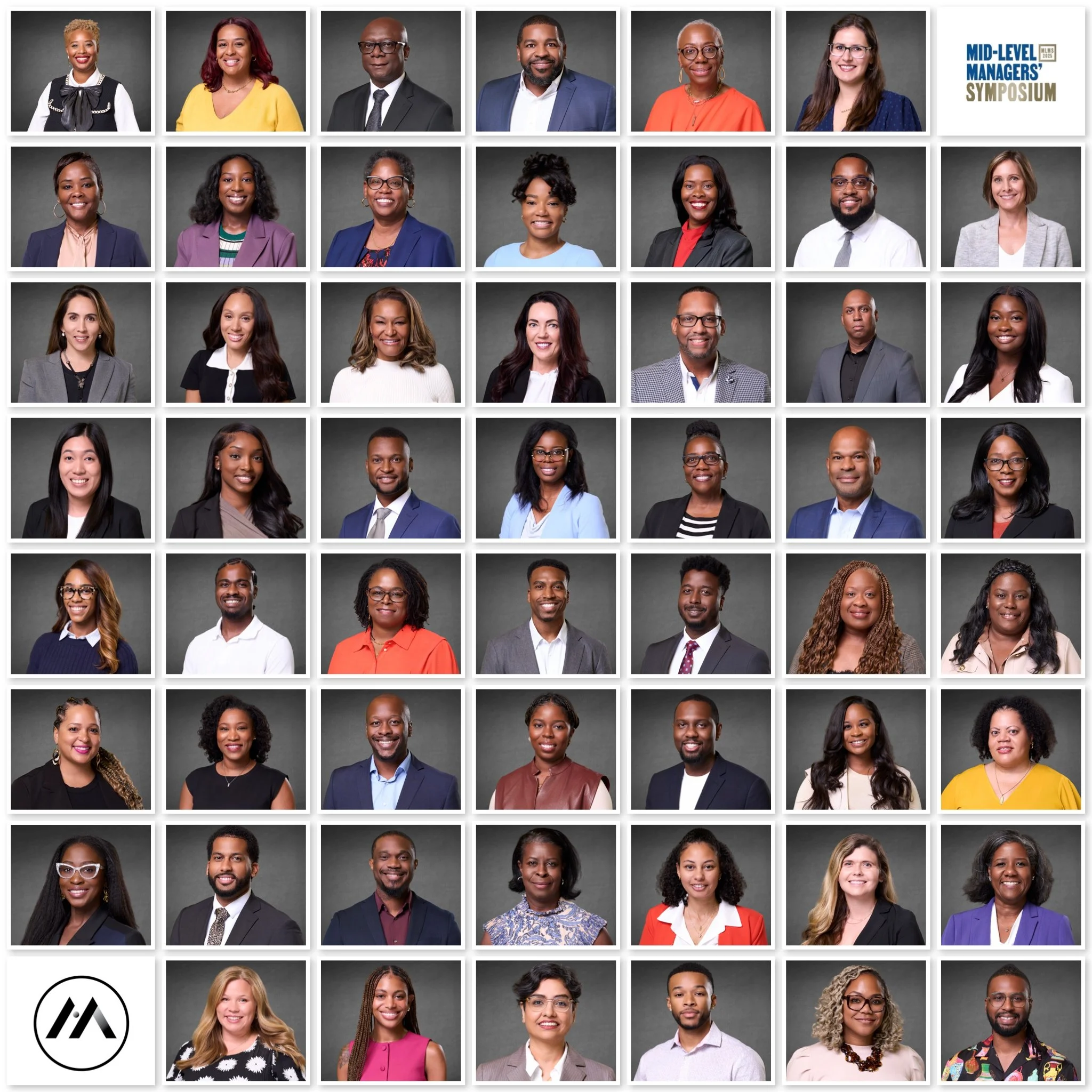 Group photo of diverse professionals at the Mid-Level Managers' Symposium, arranged in a grid with each person smiling against a gray background.