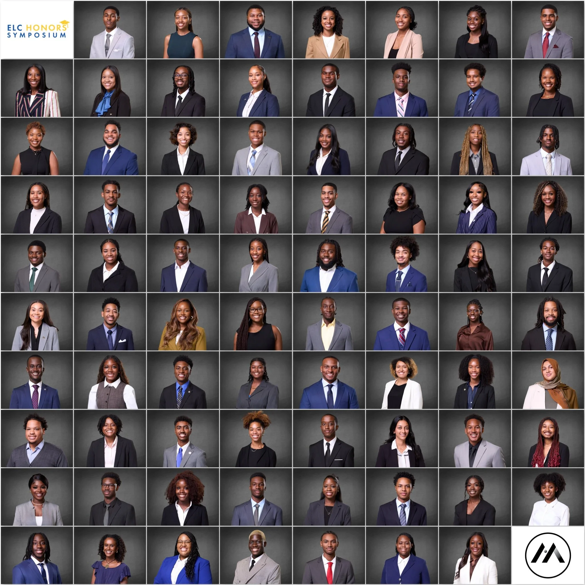 Collage of diverse professional headshots of individuals dressed in business attire, with a logo in the top left corner that reads 'ELC Honors Symposium' and a graphic in the bottom right corner.