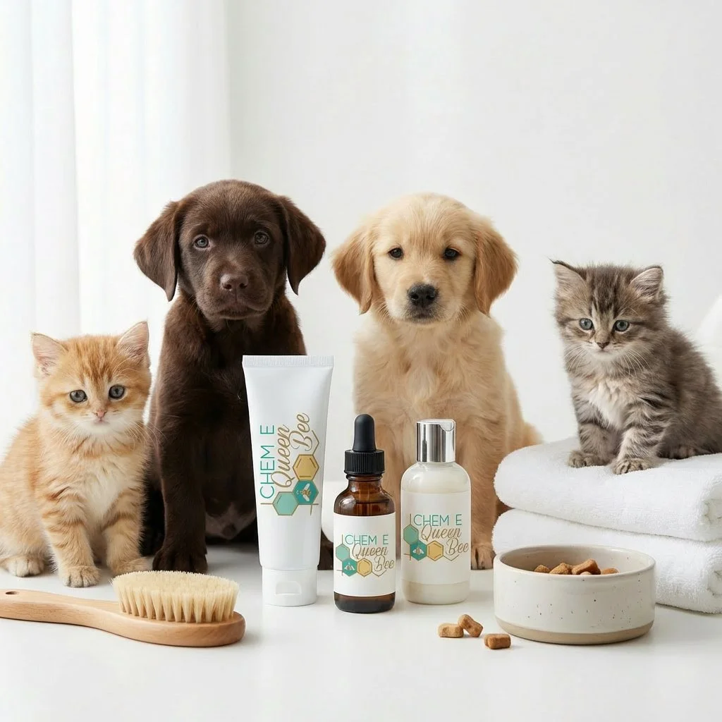 Two puppies and two kittens surrounded by natural pet products formulated by Chemequeenbee company