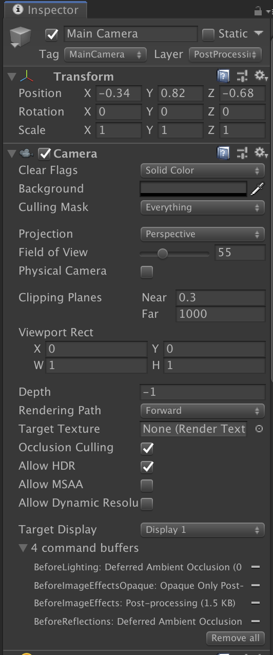 Camera setup with Postprocessing layer