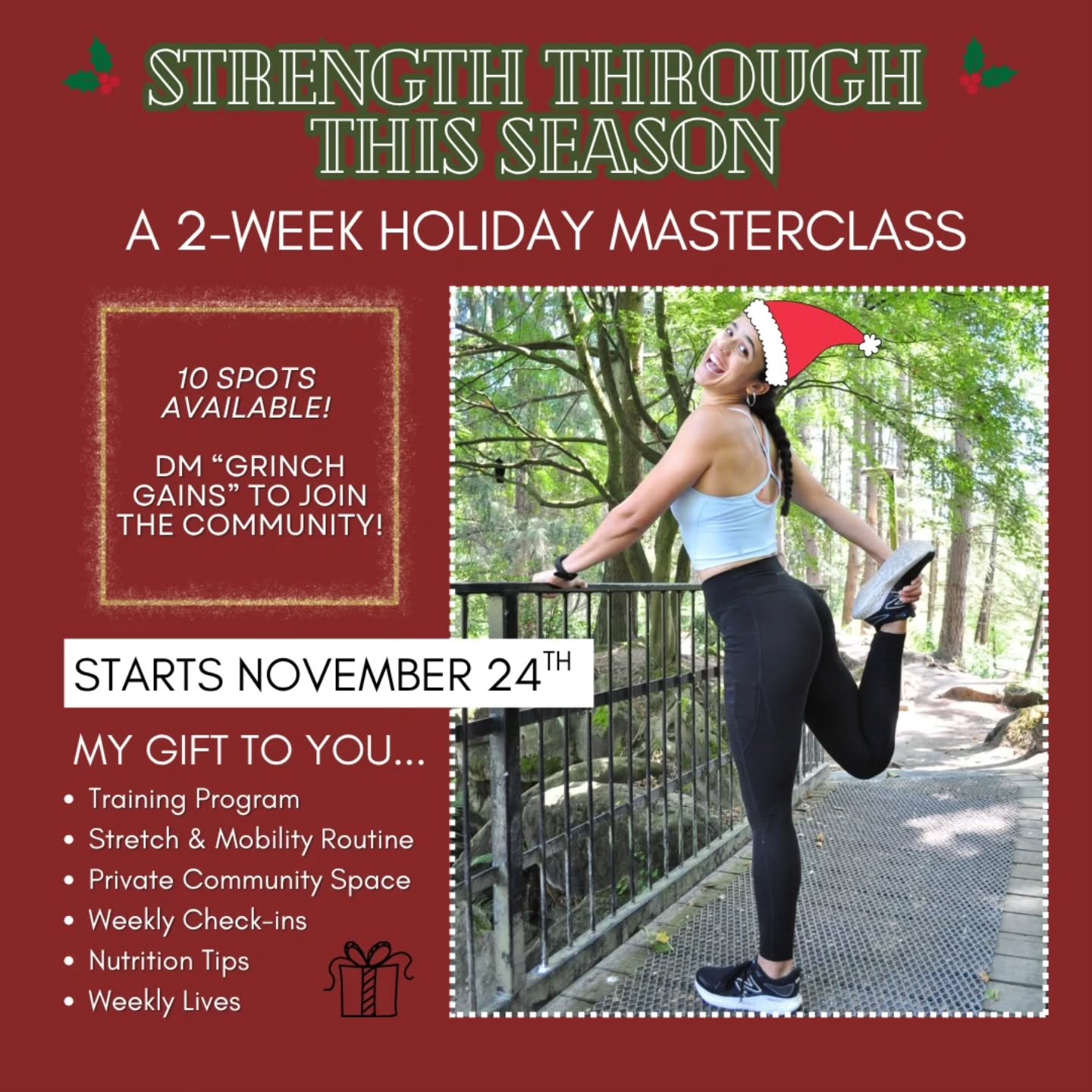 IT'S BACKKKKKKK FOR YEAR 2! 🎄

My 2-week free Masterclass to support you in caring for yourself amidst what is a verrry busy (honestly, chaotic / stressful) season for many is here ✨️ 

My gift to you will include: 
🎁 Weekly programming 
🎁 Habits 