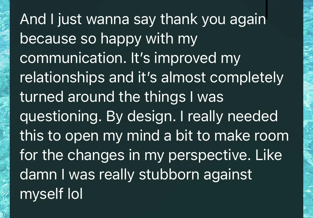 Screenshot of a message expressing gratitude for improved communication and perspective change, mentioning personal growth and stubbornness.