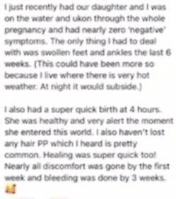 A text excerpt describing a person's recent experiences with pregnancy, childbirth, and recovery, including details about symptoms, childbirth timeline, and postpartum healing.