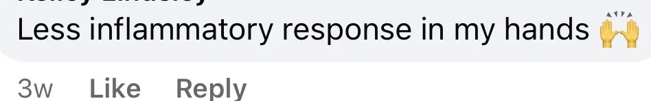 Text overlay on a social media post saying, 'Less inflammatory response in my hands' with two raised hands emojis.