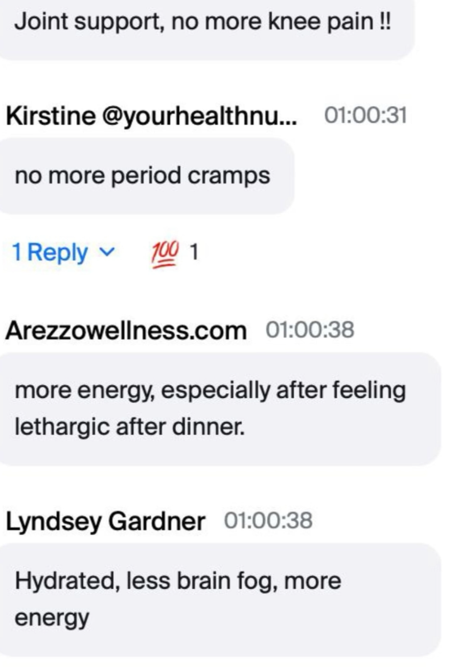 A screenshot of a chat conversation discussing health tips. It mentions using joint support for knee pain, avoiding period cramps, increasing energy levels after feeling lethargic post-dinner, and staying hydrated to reduce brain fog and boost energy.
