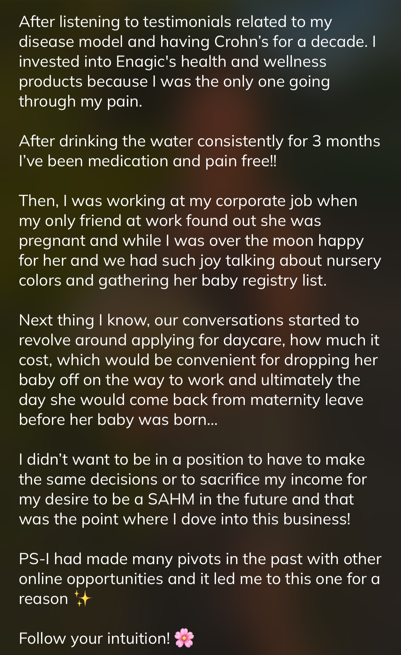 A testimonial post about health and wellness benefits of drinking water, learning about pregnancy, applying for daycare, and pursuing a career as a SAHM, topped with encouraging advice and emojis.