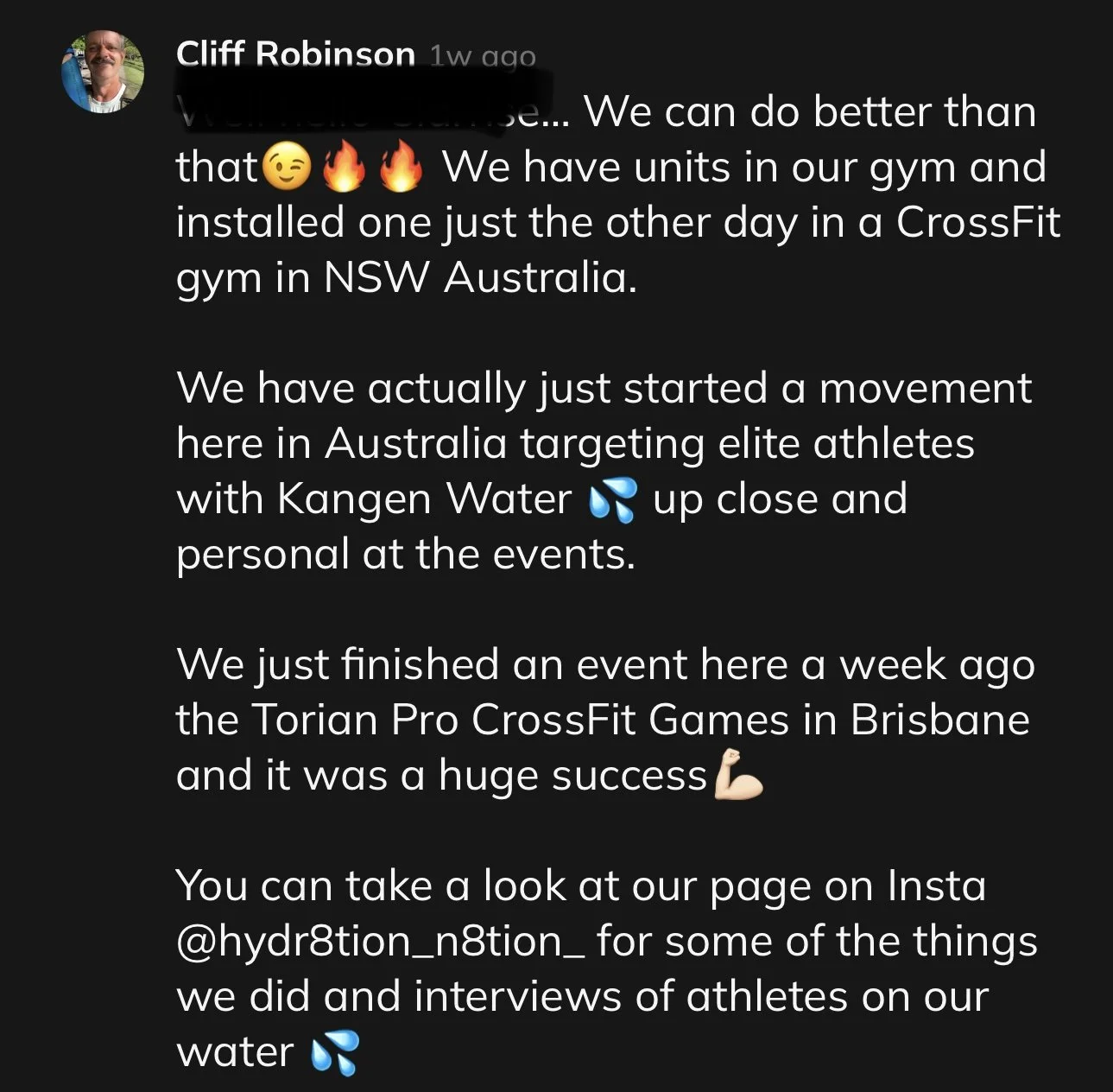 Social media post from Cliff Robinson discussing recent fitness events in Australia, including CrossFit and Torian Pro CrossFit Games, with references to water and athletic achievement.