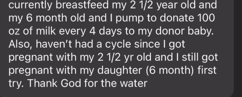 Text discussing breastfeeding a 2.5-year-old and a 6-month-old, donating milk, and not having menstrual cycles since pregnancy, with gratitude for water.