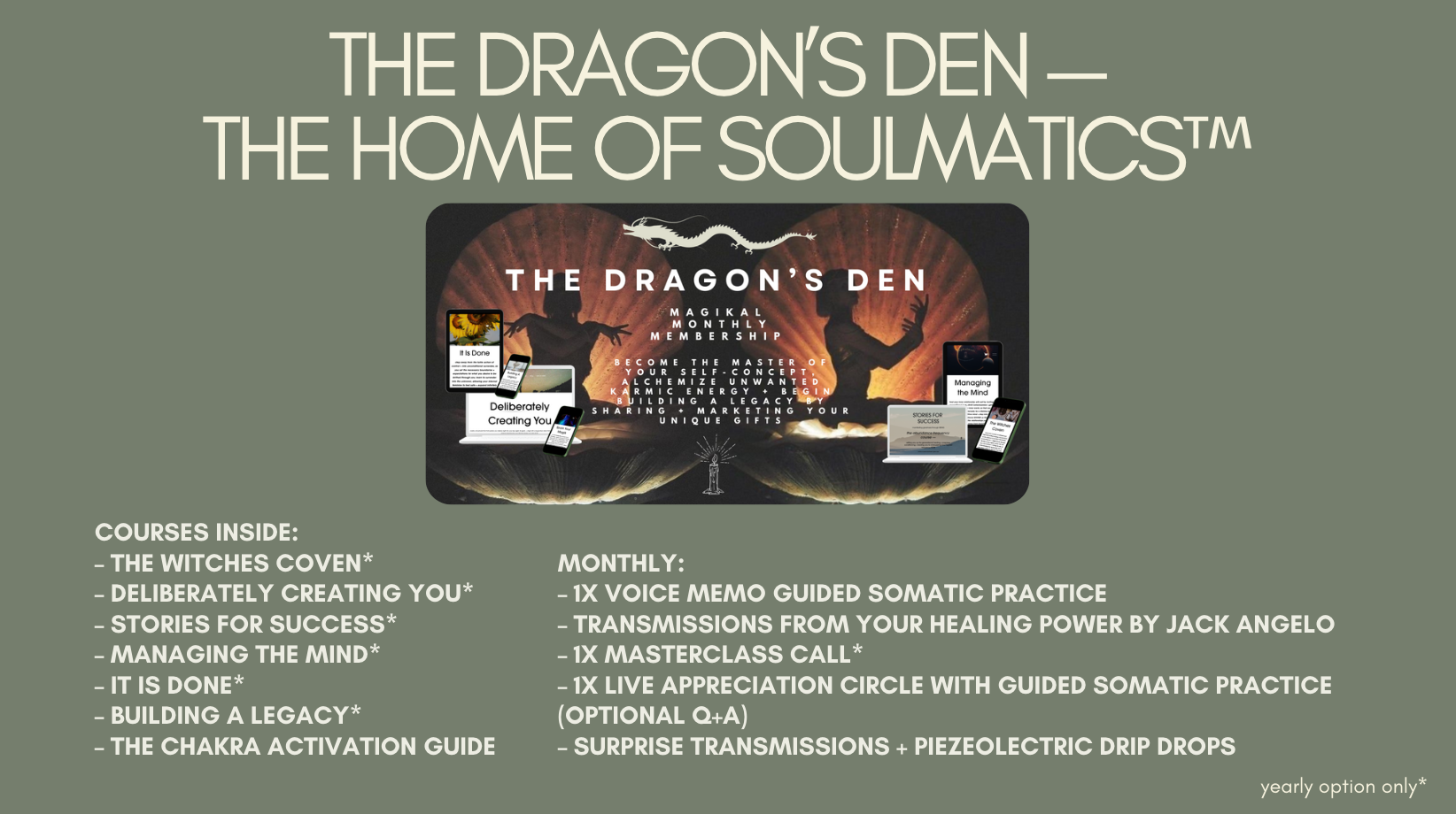 A promotional graphic for The Dragon's Den, featuring silhouette images of two dragons, text about courses and monthly offers, and various electronic devices like a laptop and smartphone.