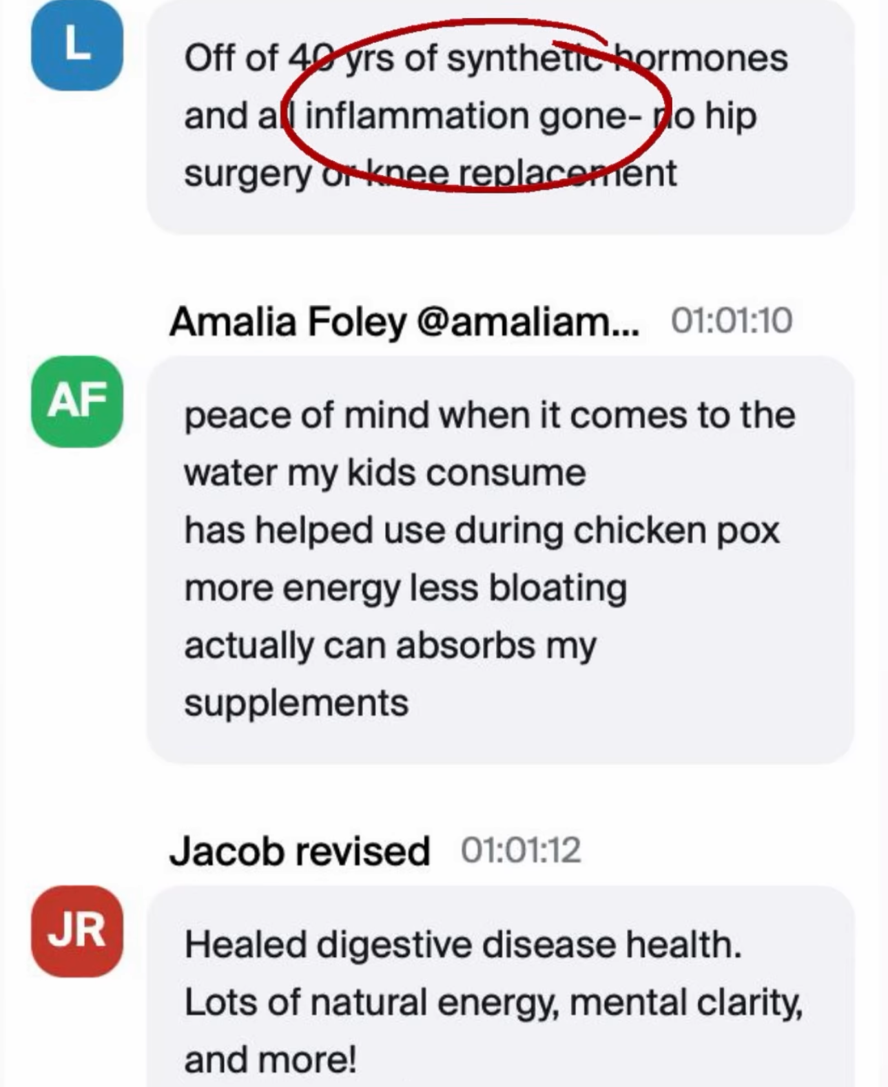 Text message conversation discussing benefits of water consumption, including claims about absorption of supplements and health benefits, with some text circled in red.