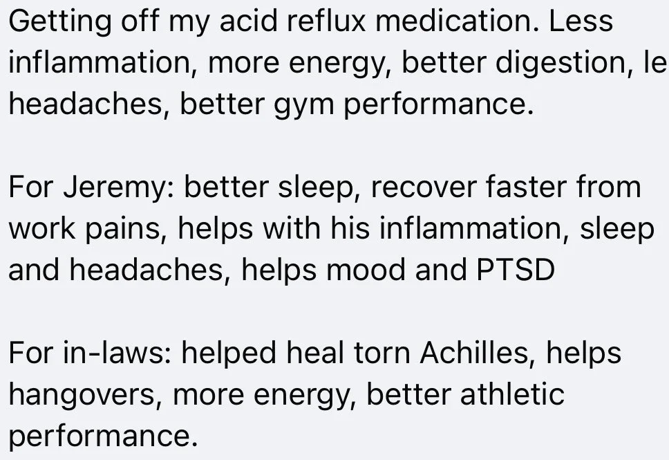 Text discussing benefits of reducing acid reflux medication, healthier sleep, recovery, and improved athletic performance for different individuals.