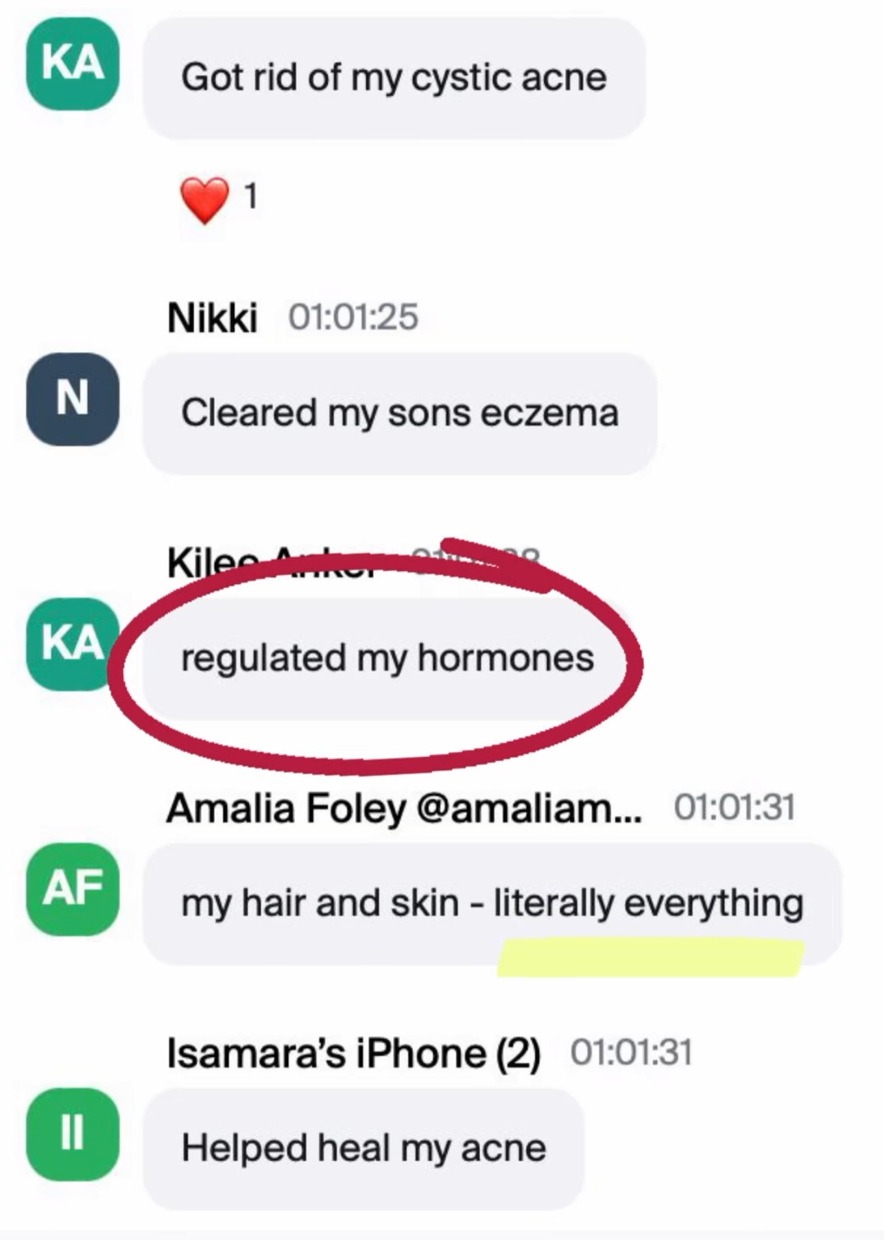 Screenshots of a chat conversation where each person shares their health-related experiences. The messages include references to removing cystic acne, eczema, regulating hormones, and healing acne, as well as mentions of hair and skin issues.