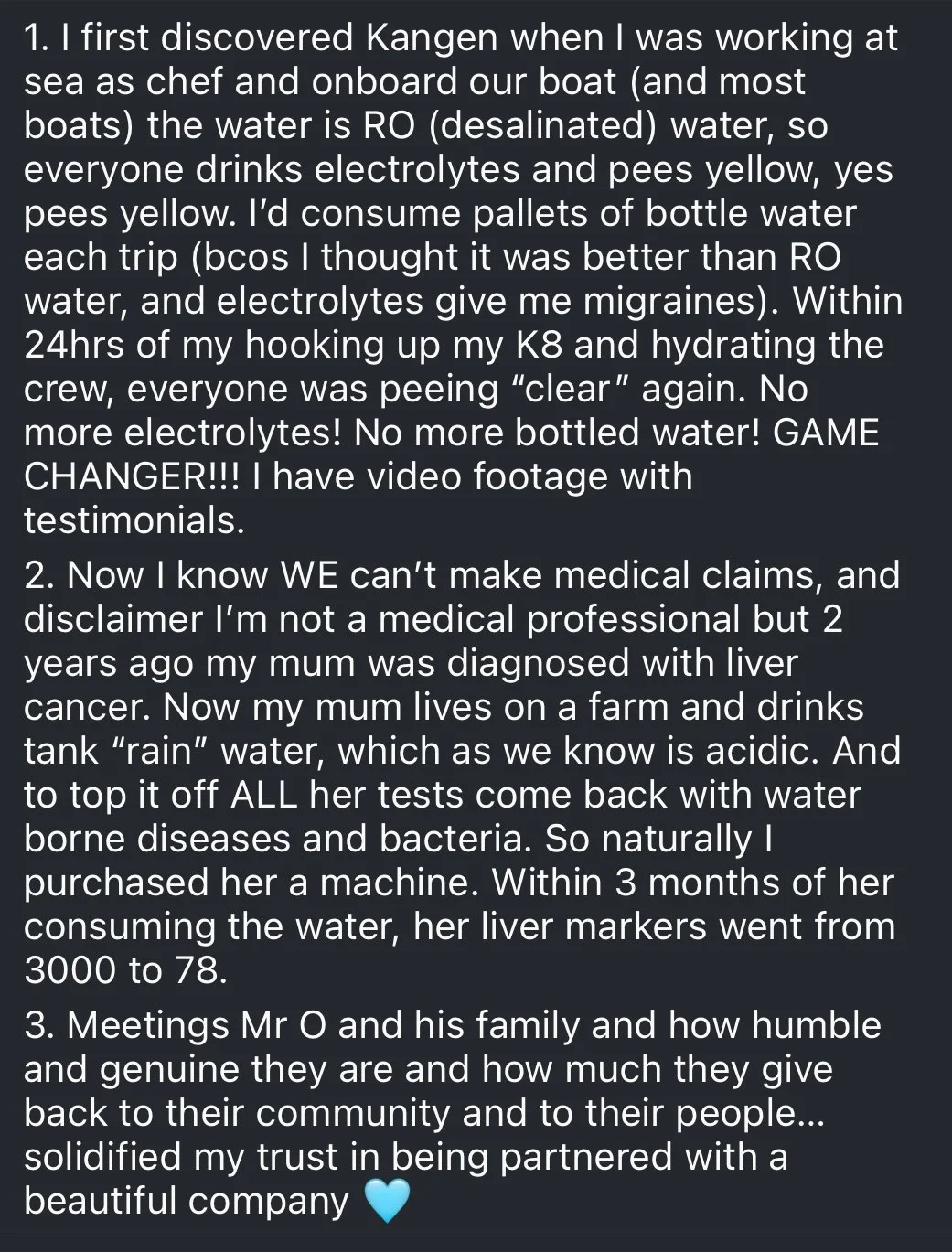 Image of a text post describing personal experiences with Kangen water, a diagnosis of liver cancer, purchasing a device to test water, and appreciation for a community leader.