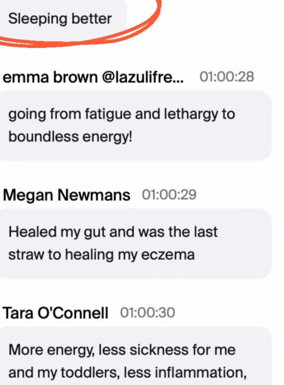Text conversation discussing improved energy, healing gut issues, and reducing sickness and inflammation.