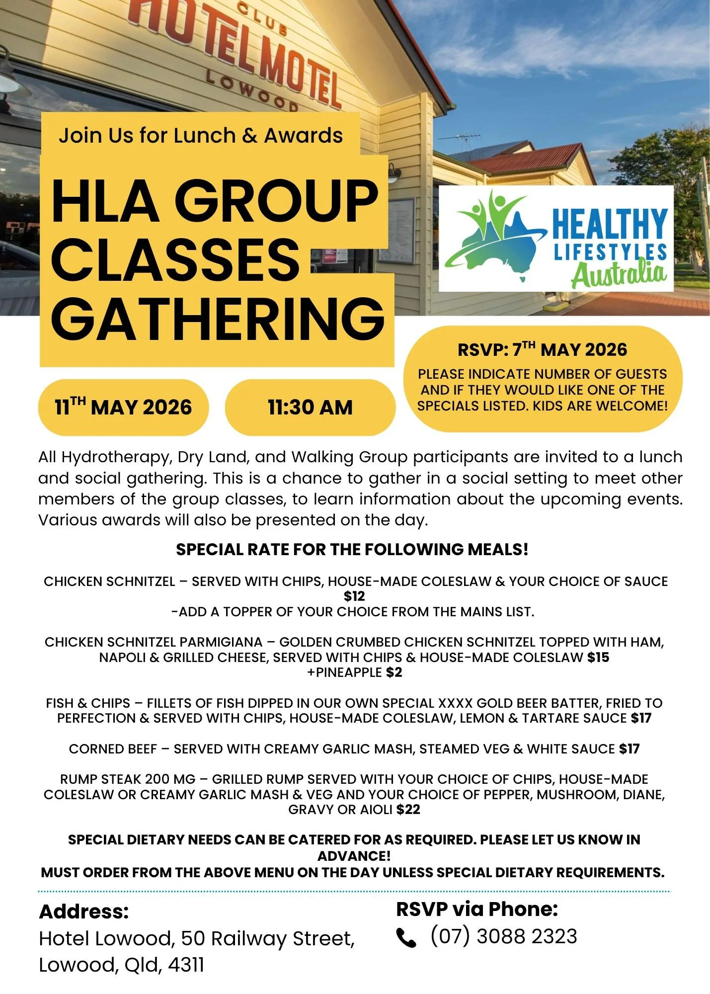 HLA GROUP CLASSES GATHERING
📣 Calling all members of our Hydrotherapy, Dry Land, and Walking Groups- it's time to take things out of the pool (or off the track) and into the pub for a well-deserved lunch and awards!

See the invite for details, RSVP
