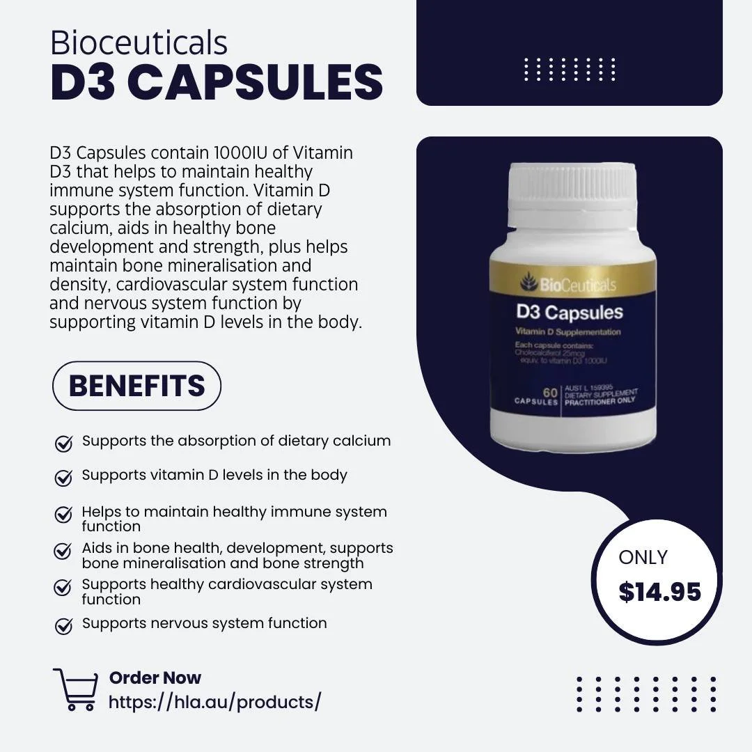 Bioceuticals D3 Capsules contain 1000IU of Vitamin D3 that helps to maintain healthy immune system function. Available on our webstore