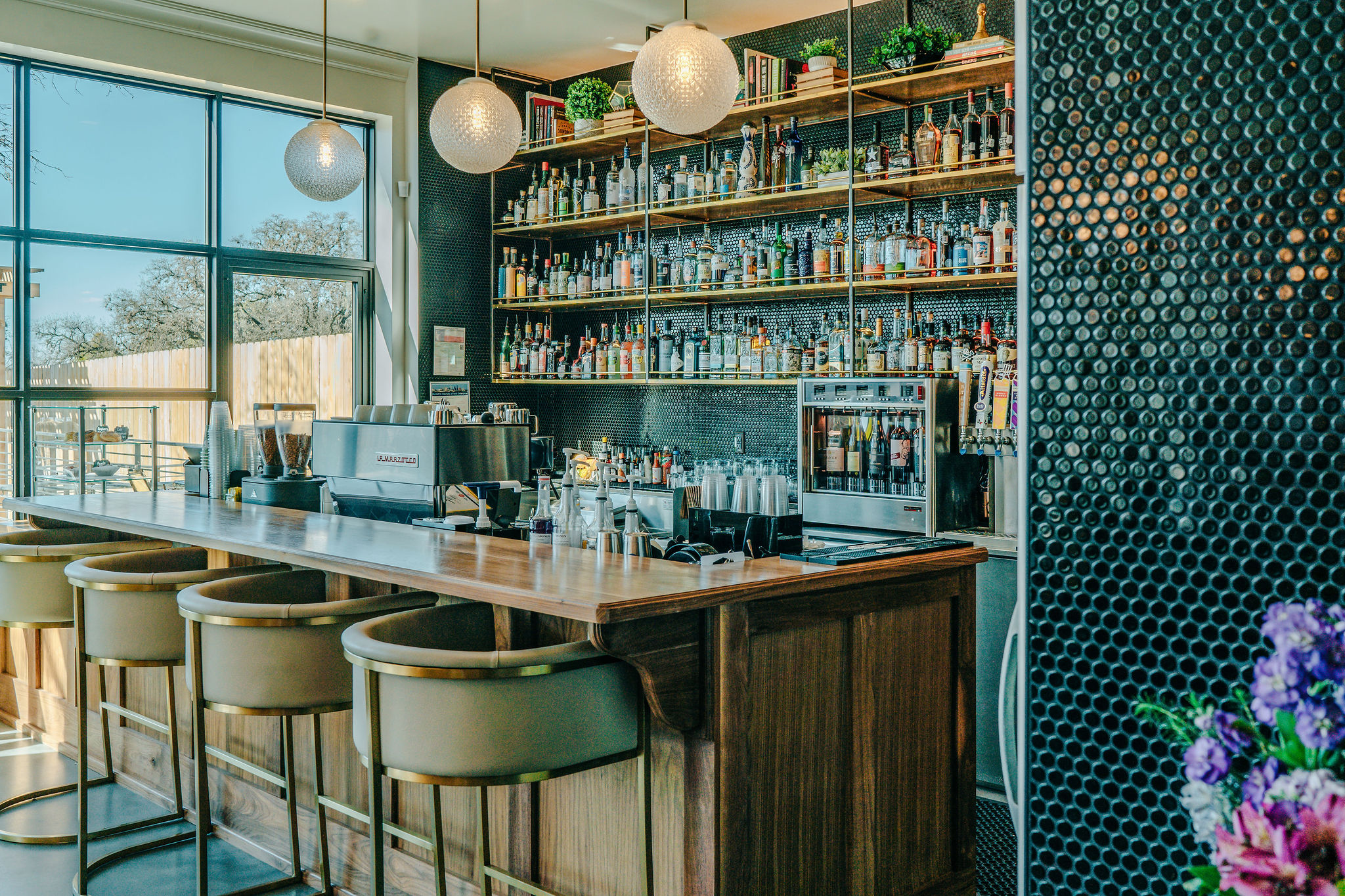 coffee bar with barstools drinks and coffee, tea, cocktails