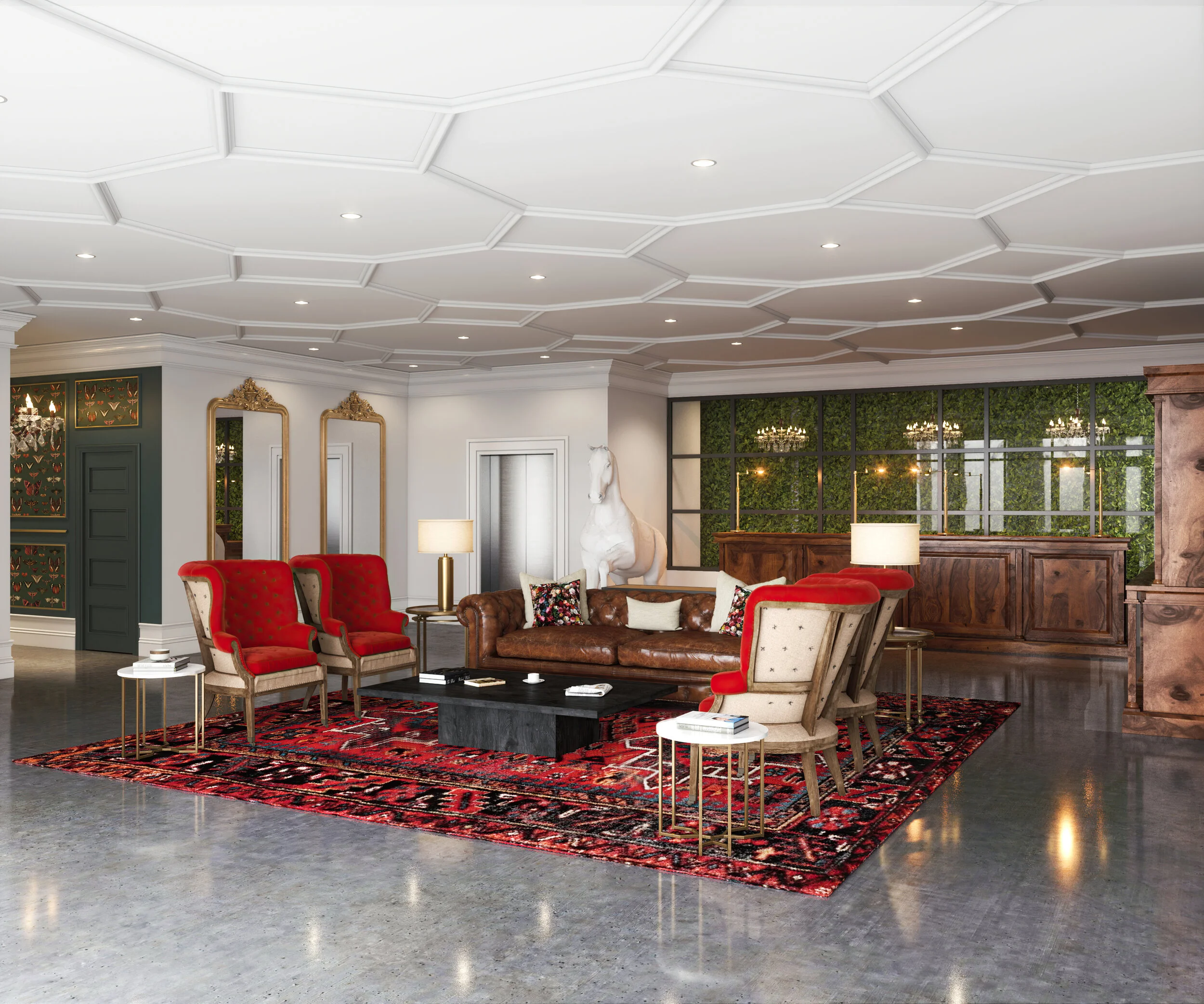 A stylish living room with a mix of vintage and modern furniture, including a brown leather sofa, red armchairs, and a black coffee table on a patterned red rug. The room features a coffered ceiling, large window with greenery outside, decorative mir