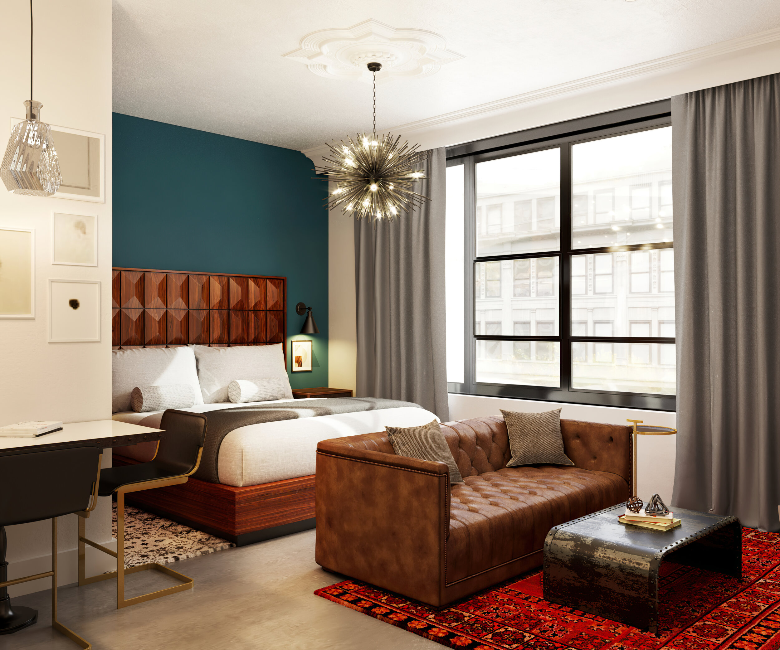 Modern hotel room with a large window, teal accent wall, wooden headboard, leather sofa, and coffee table.