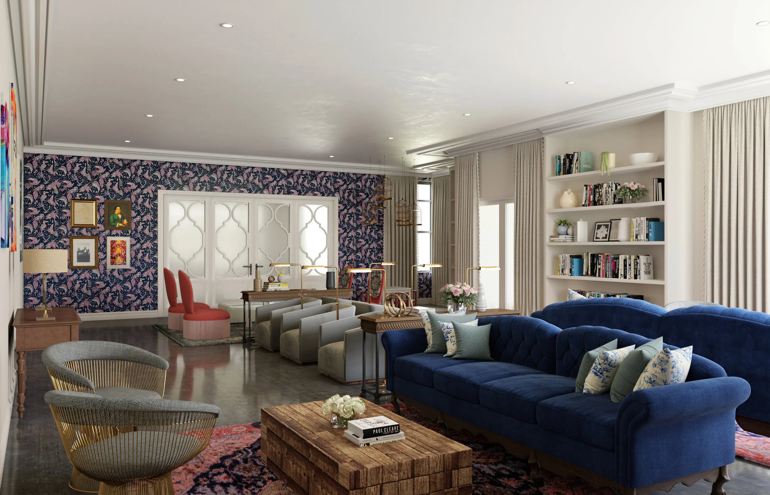 Spacious living room with navy velvet sofa, grey armchairs, wooden coffee table, and colorful patterned rug. Large windows with drapes, built-in bookshelf, and social area with pink and grey chairs. Decor includes vases, flowers, books, and framed ar
