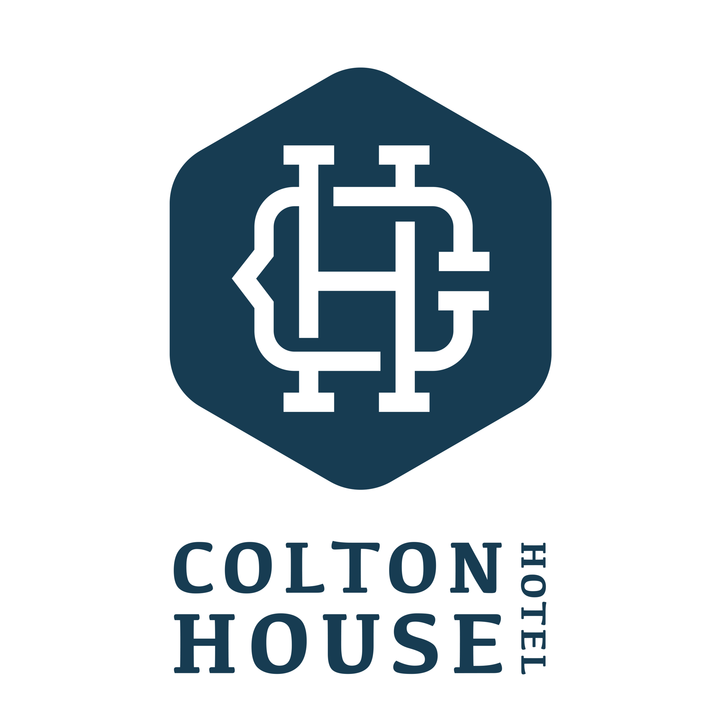 Logo for Colton House Hostel featuring a stylized blue pentagon with white interconnected lines resembling a circuit or network, and the text "COLTON HOUSE HOSTEL" underneath in blue.