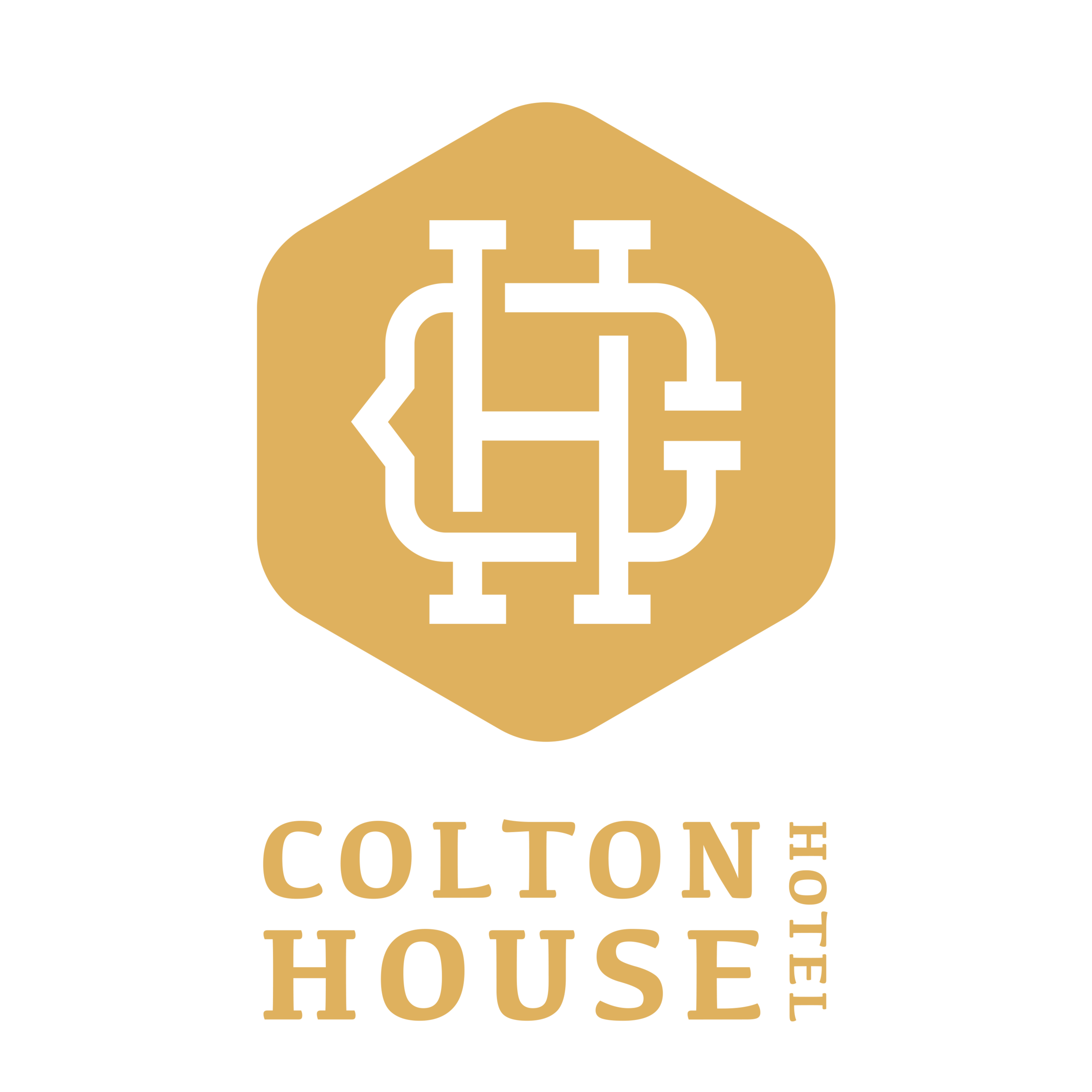 Logo for Colton House Hotel featuring a white stylized emblem on a gold hexagon background and the text 'Colton House Hotel' in gold below.
