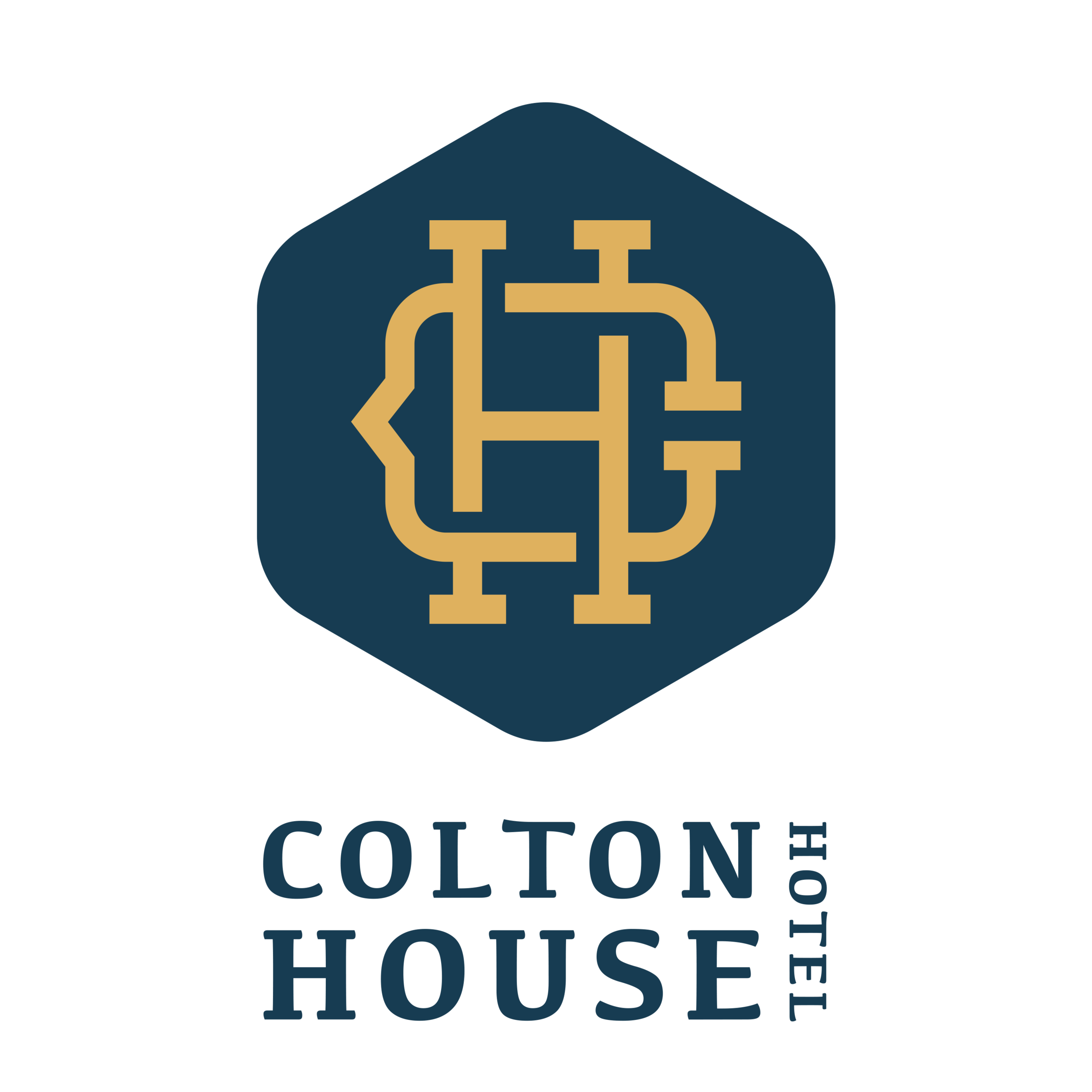 Logo for Colton House Hotel featuring a stylized monogram of the letters C and H inside a blue hexagon, with the text 'Colton House Hotel' below.