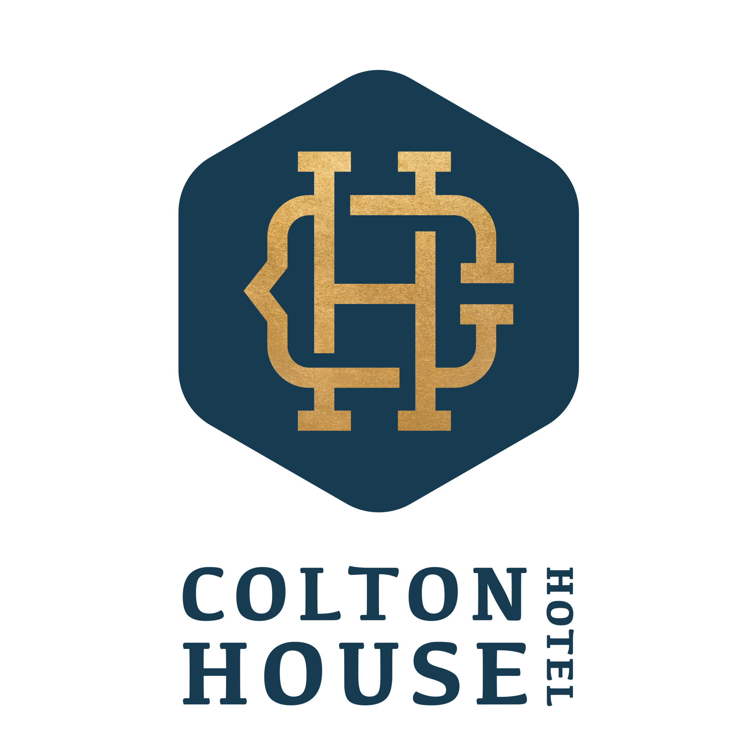 Logo with gold and navy blue design featuring interconnected lines forming a letter 'H'.