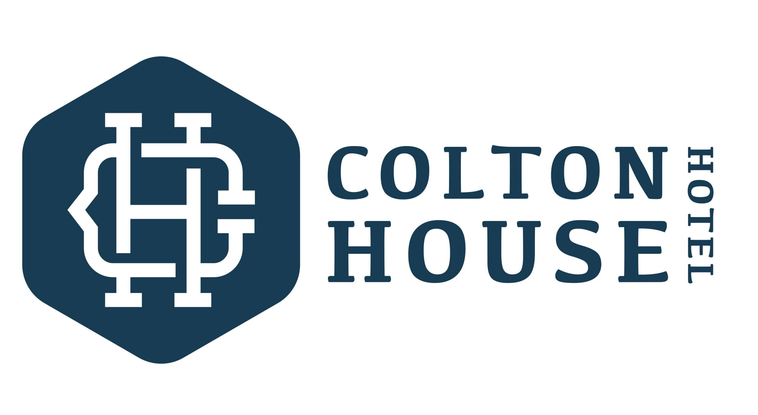 Logo of Colton House Hotel featuring a stylized geometric design resembling a house or building within a dark blue hexagon and the text 'Colton House Hotel' beside it.