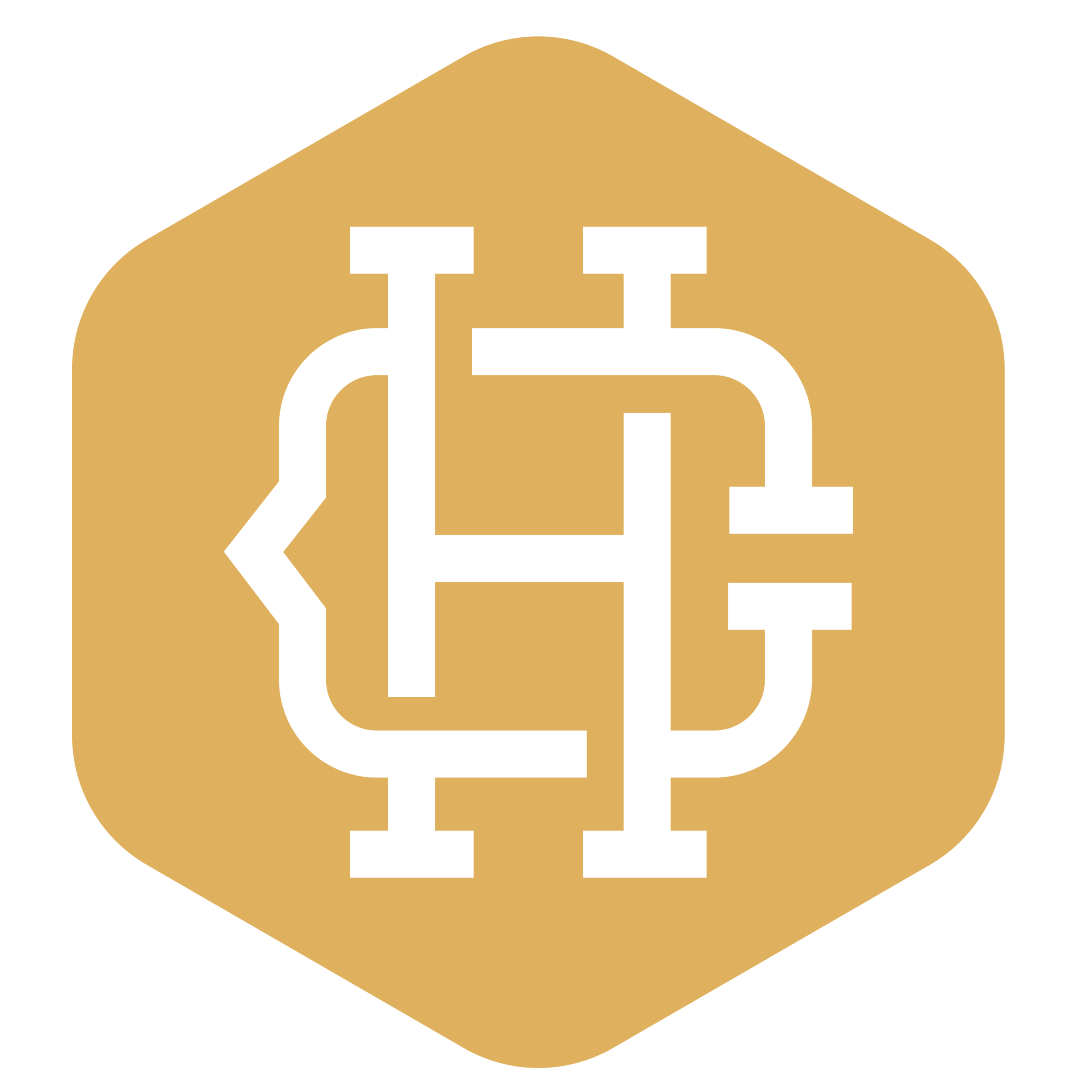 Icon featuring a white circuit diagram on a gold hexagonal background.