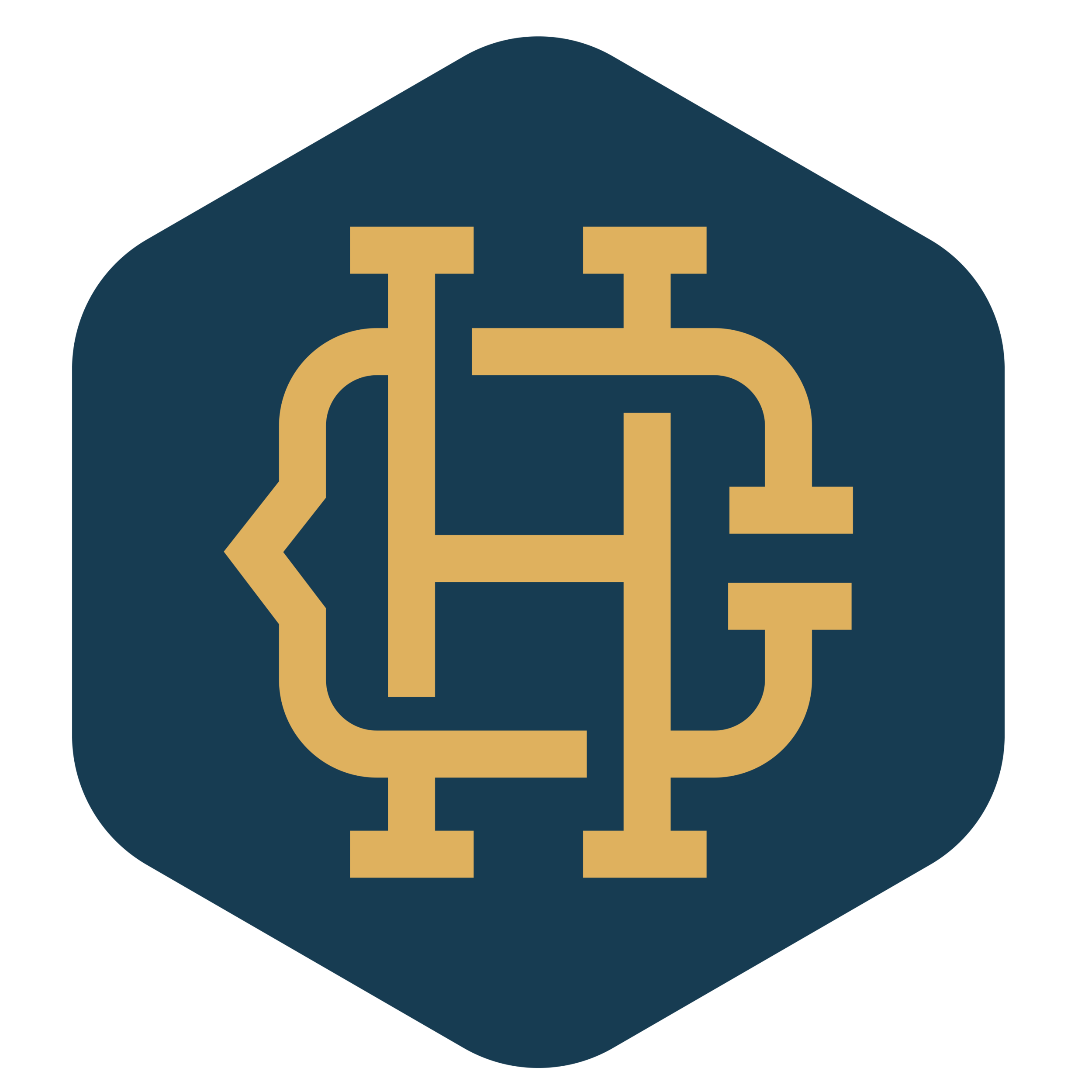A logo with a dark blue hexagonal background and gold intertwined letters H and J.
