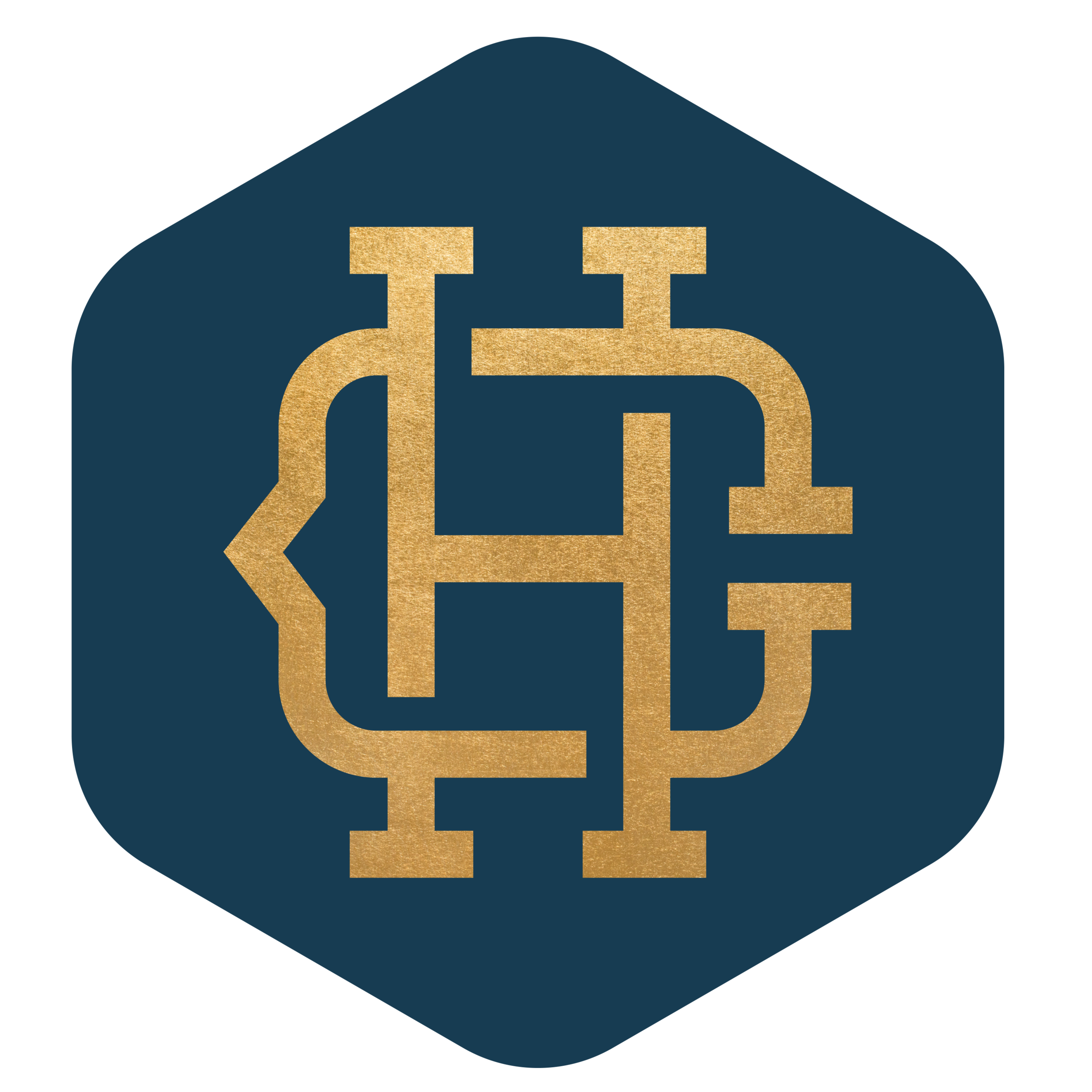 Close-up of a logo with interlinked gold letters 'H' and 'J' on a dark blue background.