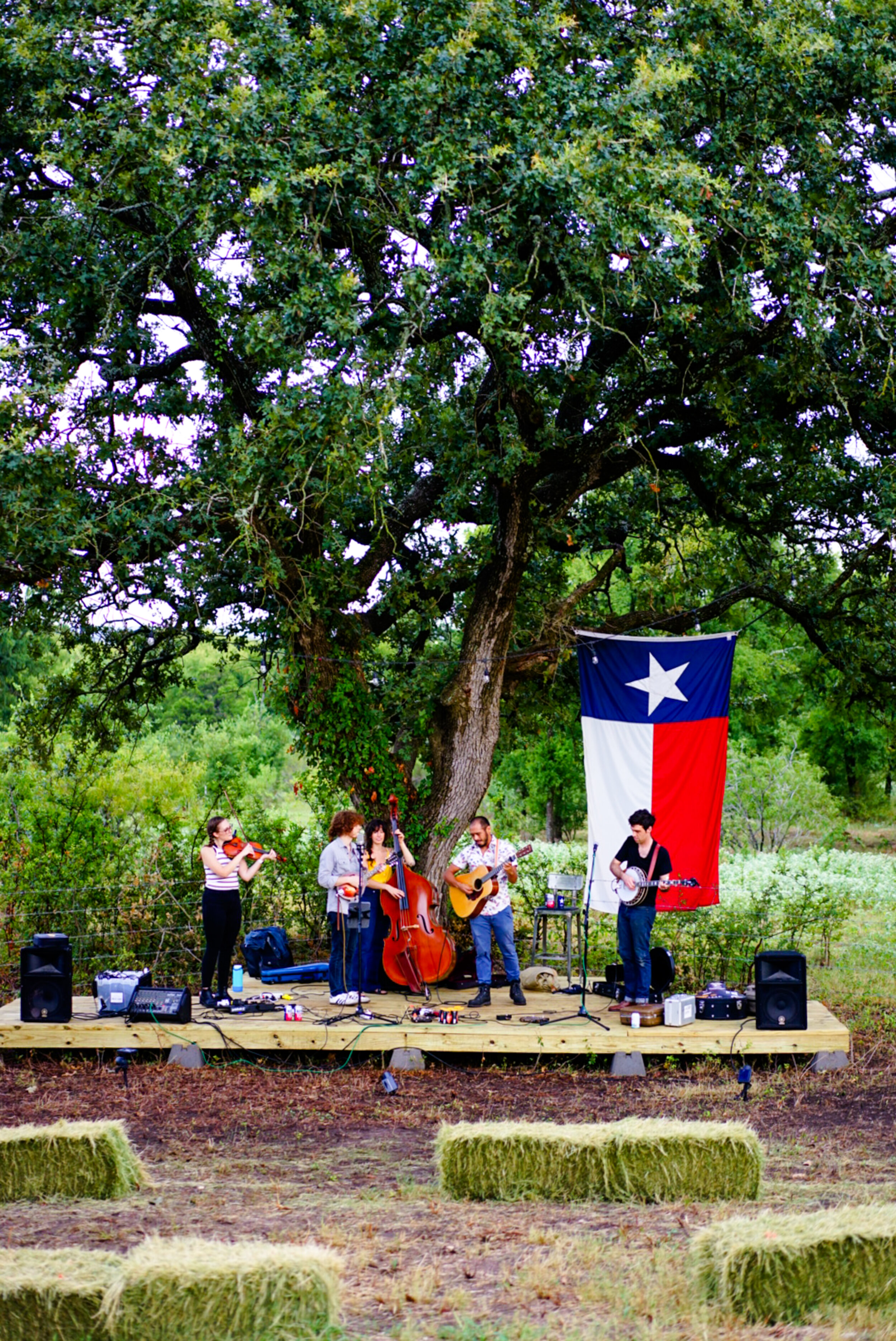 A small band of musicians performs outdoors on a wooden stage under a large tree, with a Texas flag hanging behind them. The band includes a violinist, a double bassist, and two guitar players. The area has hay bales arranged in front of the stage an