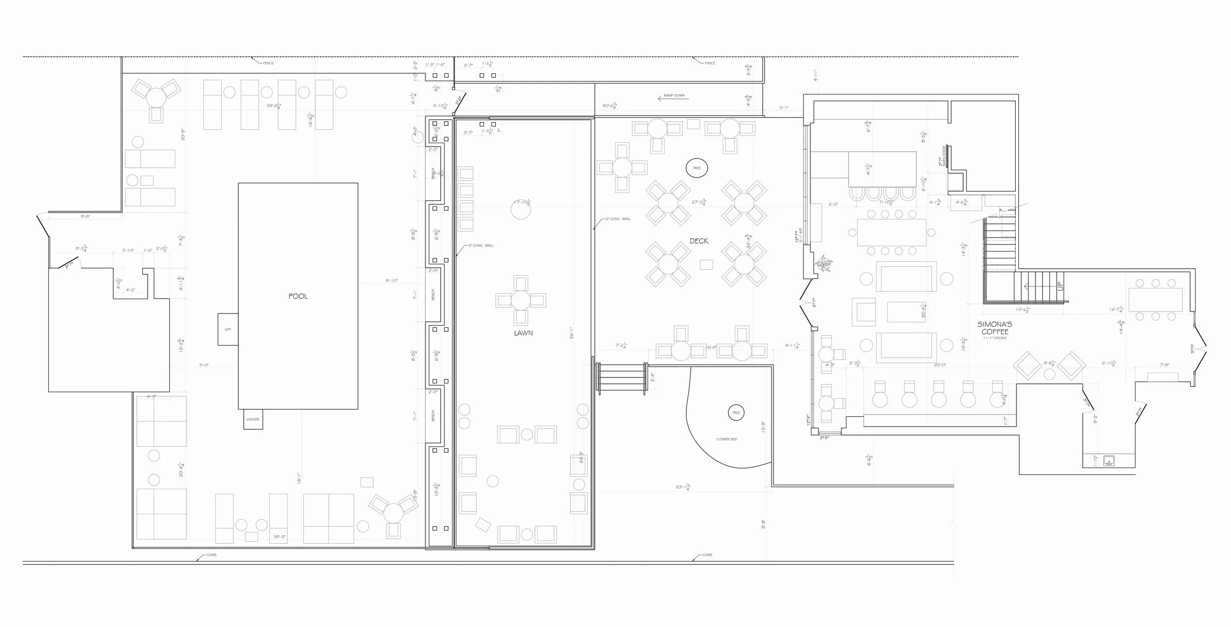 Architectural floor plan of a recreational building featuring a pool, lawn, deck, outdoor seating, and indoor areas including a coffee shop.